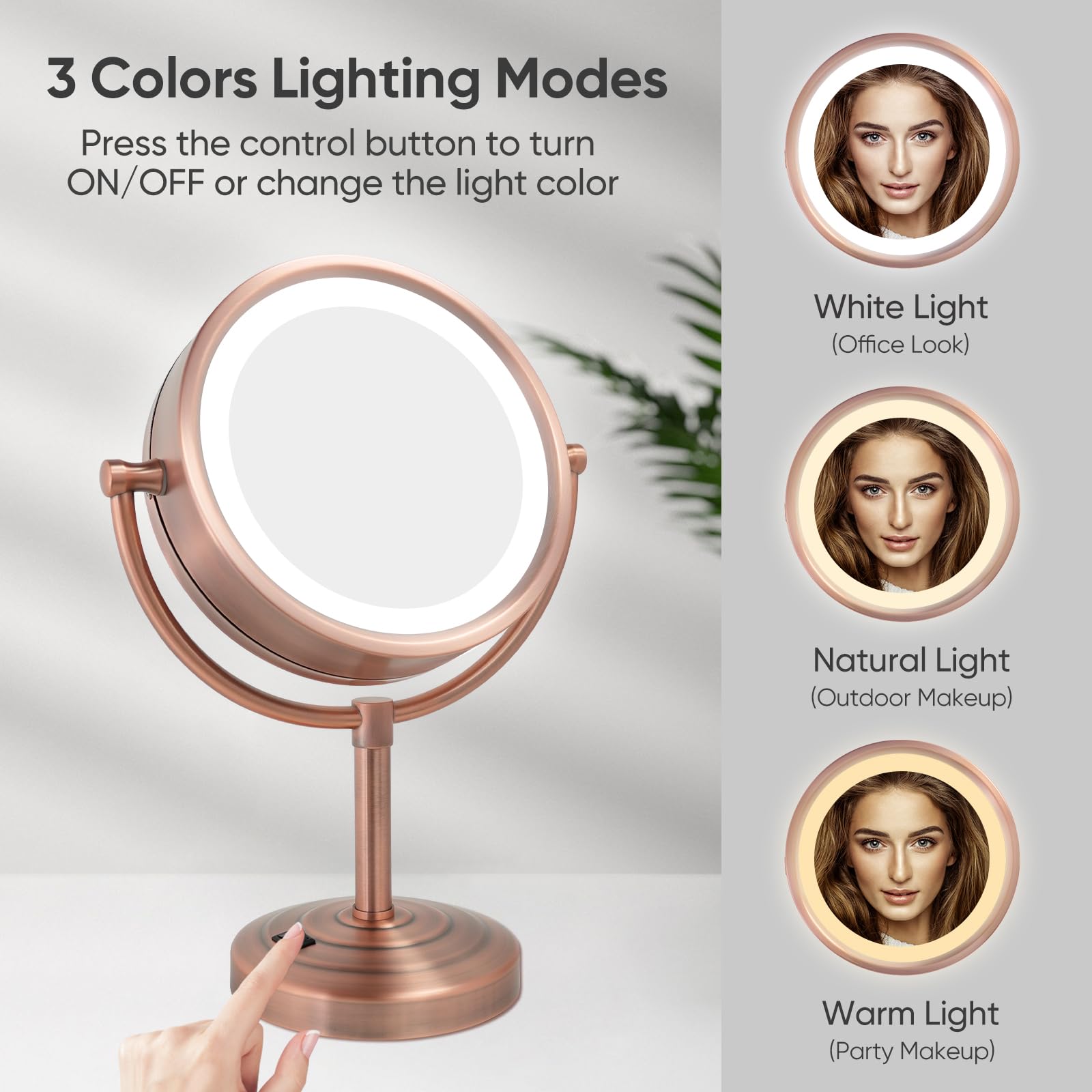 Gurun 8.5 Inch Tabletop Led Lighted Makeup Mirror With 10X Magnification Double Sided Vanity Mirror Plug Power Matte Rose Gold M