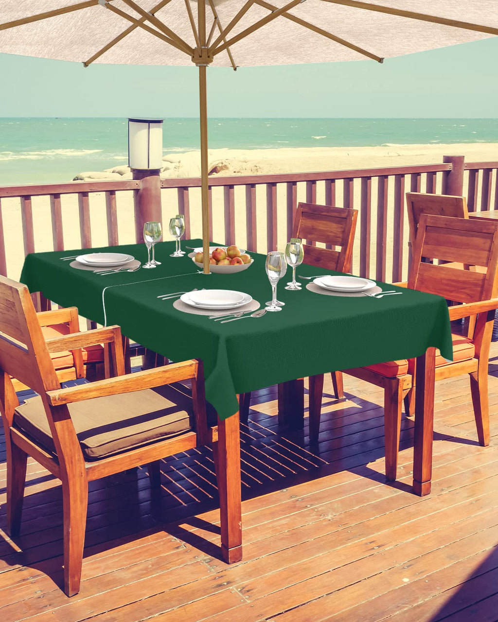 Queenker Sea Green Outdoor Tablecloth With Umbrella Hole And Zipper, Solid Color Table Cover For Rectangle Tables Waterproof Tab