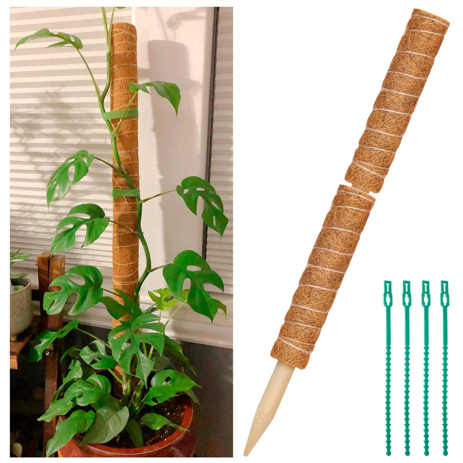 2 Pcs 12 Inches Coir Moss Poles For Climbing Plants With 4 Pcs Adjustable Plant Twist Ties - Coir Moss Totem Stick For Creepers