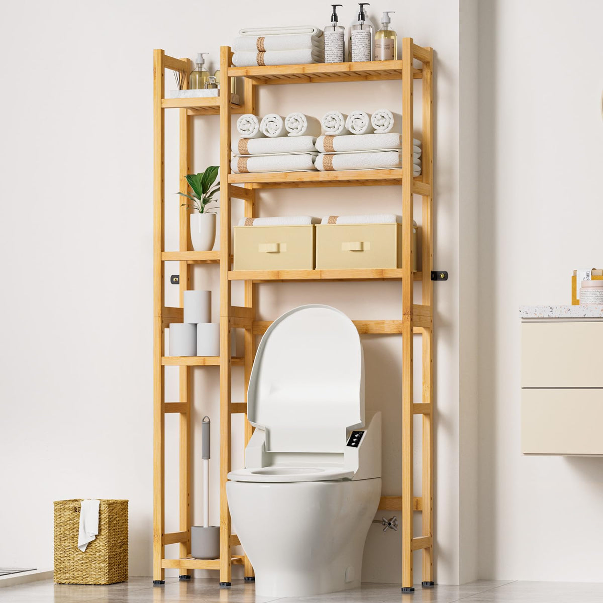 Homde Over The Toilet Storage With Basket And Drawer, Bamboo Bathroom Organizer With Adjustable Shelf & Waterproof Feet Pad, Space Saver Rack For Restroom, Laundry,Natural