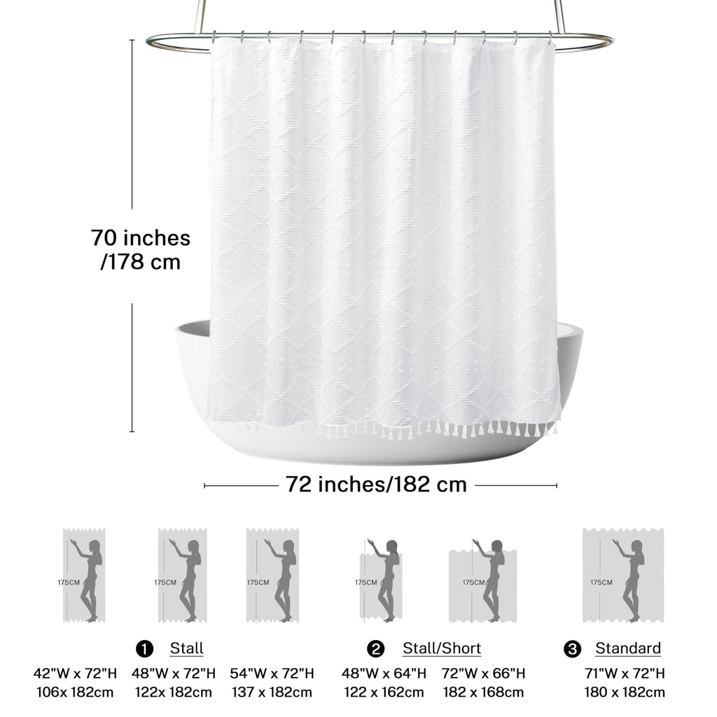 Siiluminisoy Boho White Woven Fabric Shower Curtain With Tassels 72 X 70 Modern Farmhouse Minimalist Tufted Chevron Striped Shab