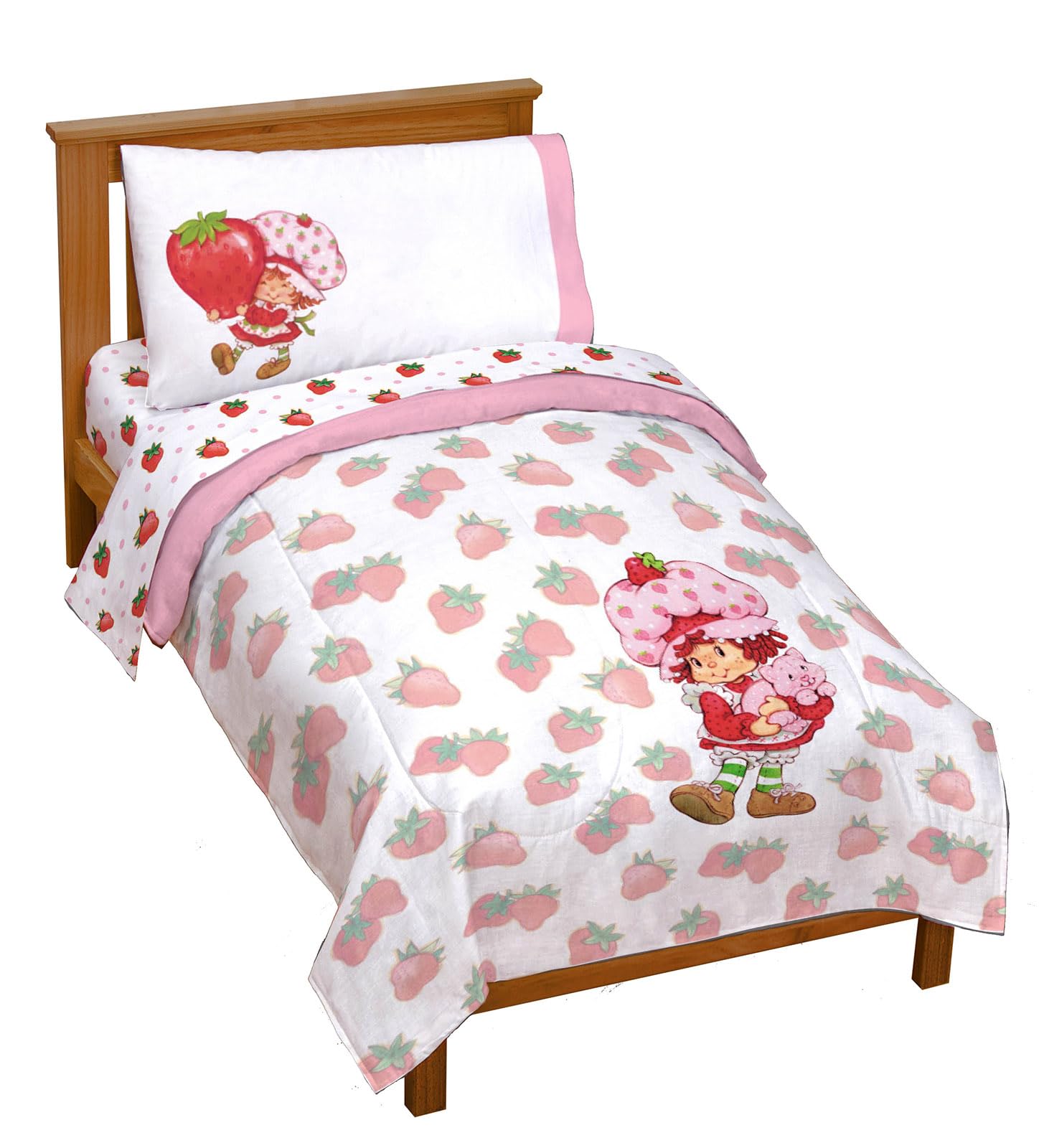 Strawberry Shortcake Toddler Comforter Set - 4 Piece Bedding Includes Sheet Set & Pillow Cover - Super Soft Pink & White Kids Be