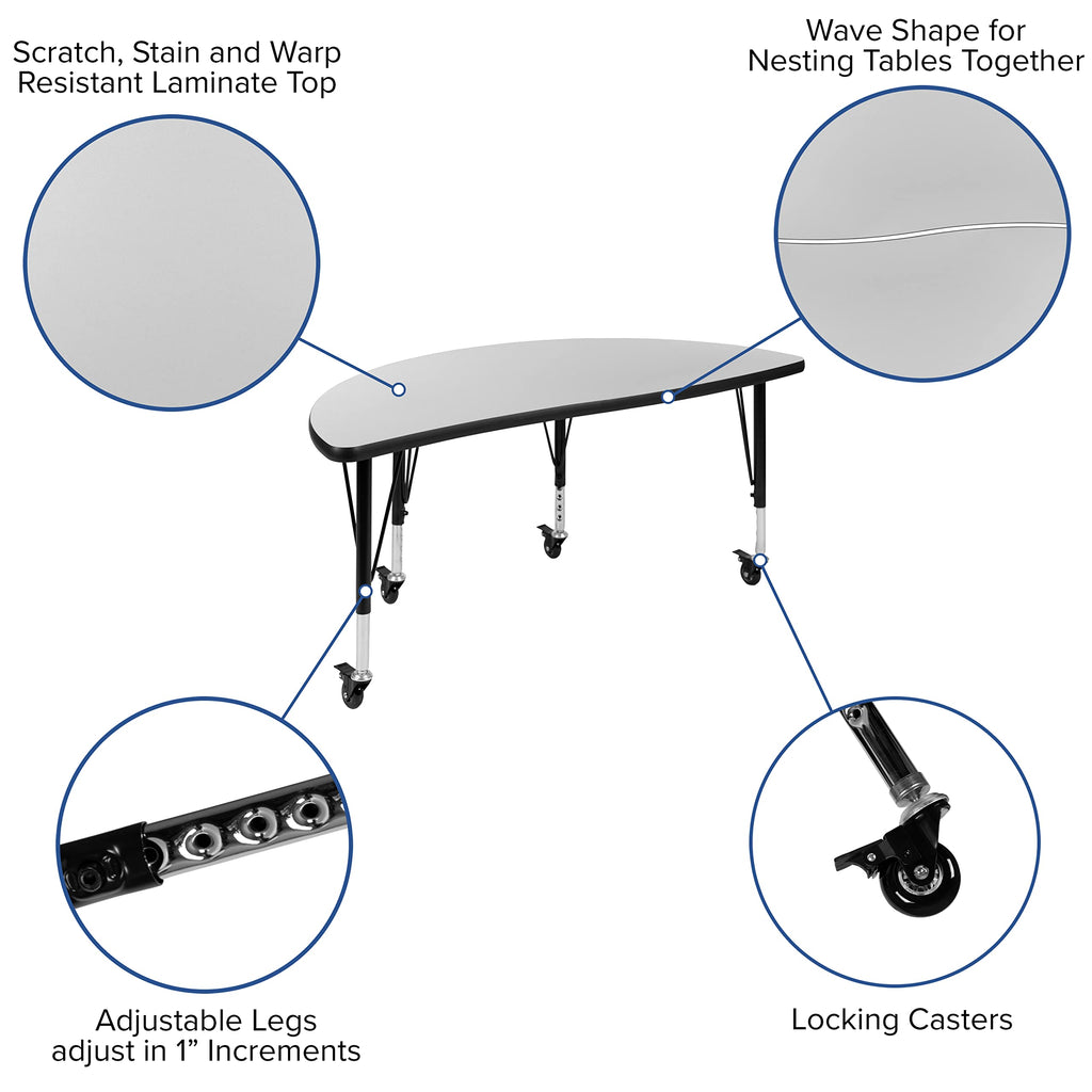 Flash Furniture Emmy 2 Piece Mobile 47.5" Circle Wave Flexible Grey Thermal Laminate Kids Adjustable Activity Table Set