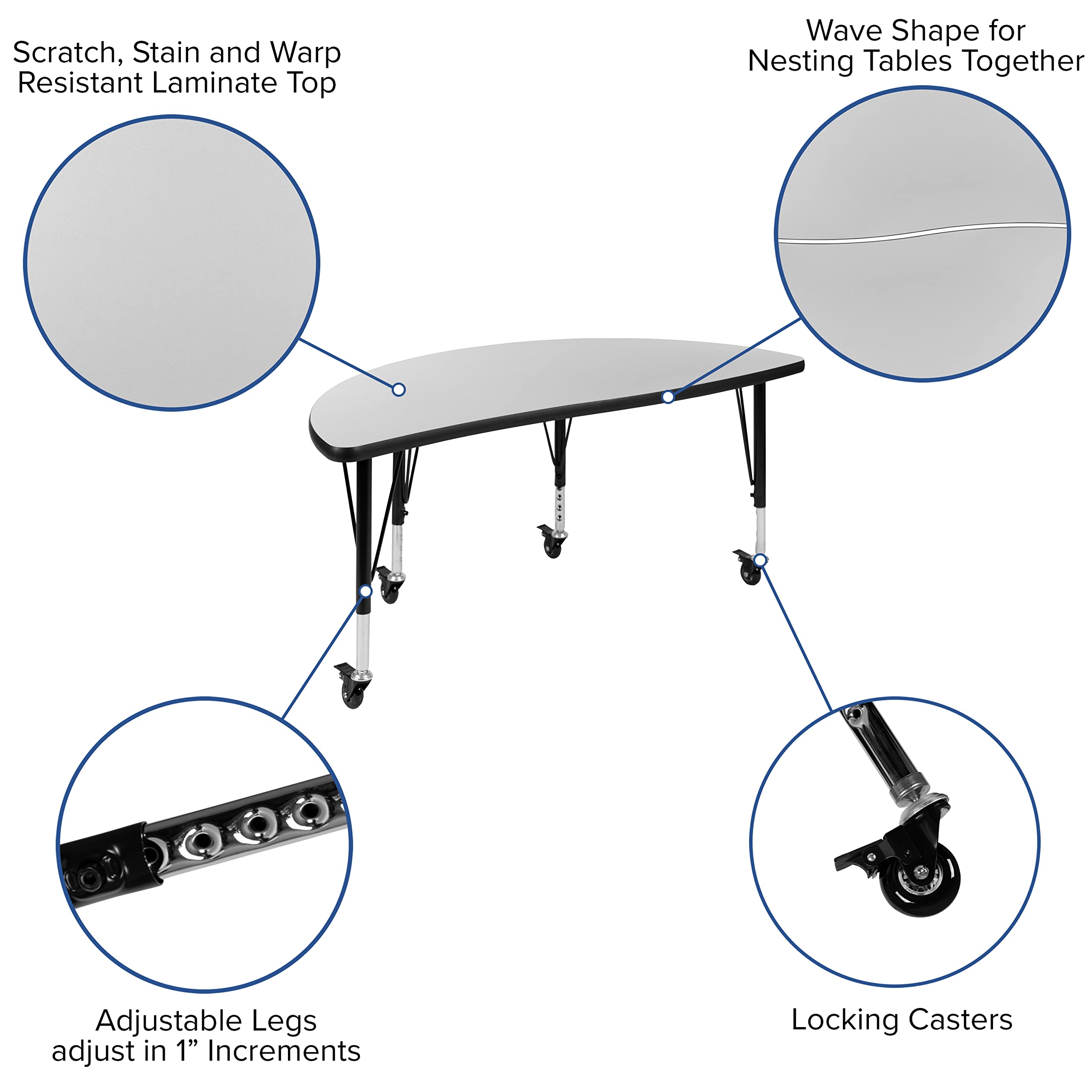 Flash Furniture Emmy 2 Piece Mobile 47.5" Circle Wave Flexible Grey Thermal Laminate Kids Adjustable Activity Table Set