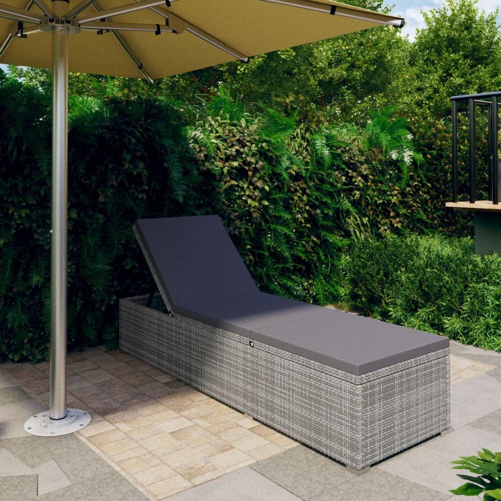 vidaXL Sun Lounger with Cushion - Adjustable, Outdoor-Ready Poly Rattan Sunbed in Gray - Weather-Resistant, Easy-Clean Furniture for Poolside, Patio, Balcony or Camping