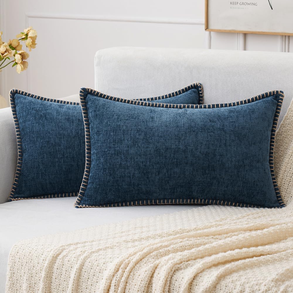 Miulee Pack Of 2 Couch Throw Pillow Covers 12X20 Inch Navy Blue Farmhouse Decorative Pillow Covers With Stitched Edge Soft Cheni