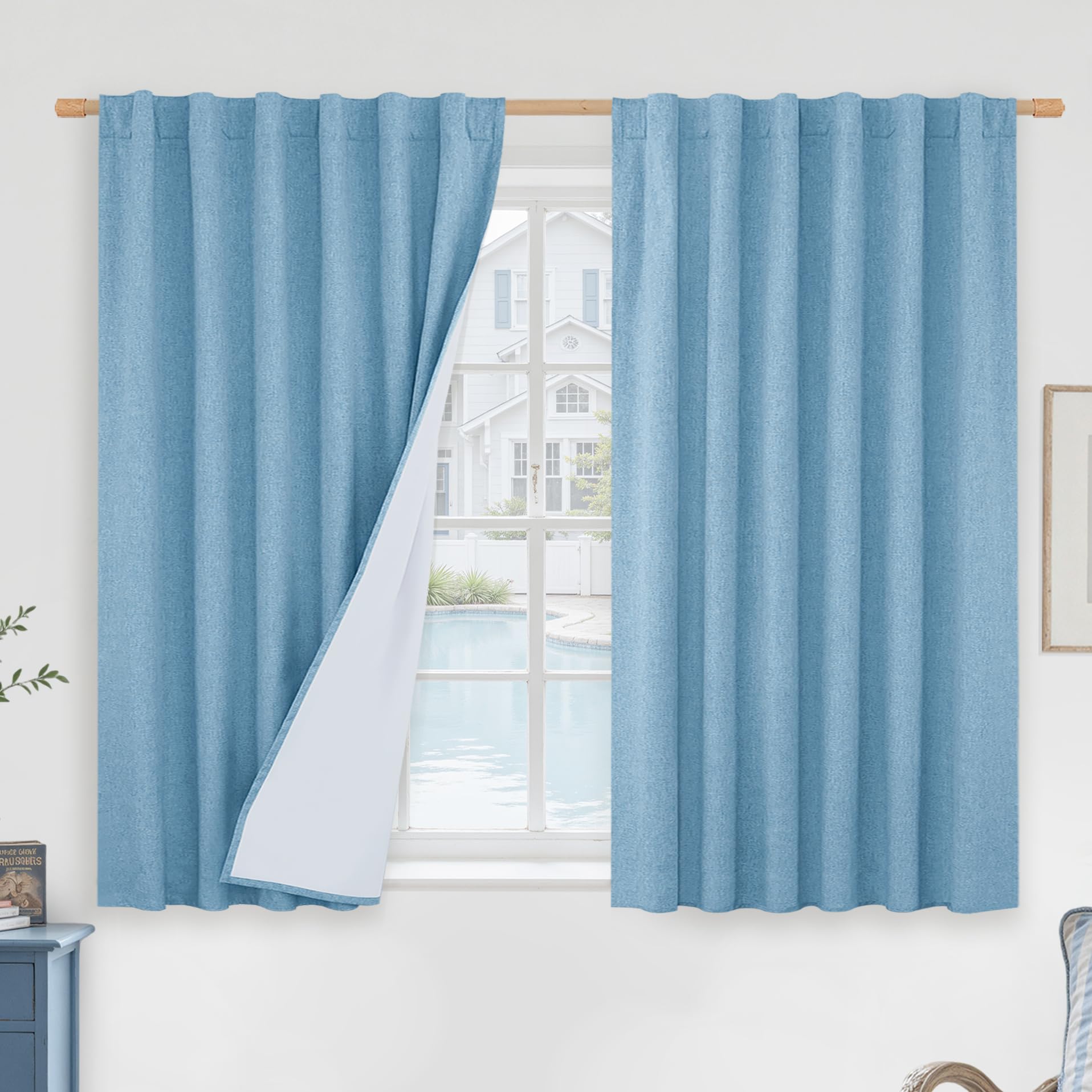 LAMIT Blue 100% Blackout Window Curtains for Boy Bedroom, 45 Inches Linen Textured Thermal Farmhouse Curtains Back Tab and Rod P