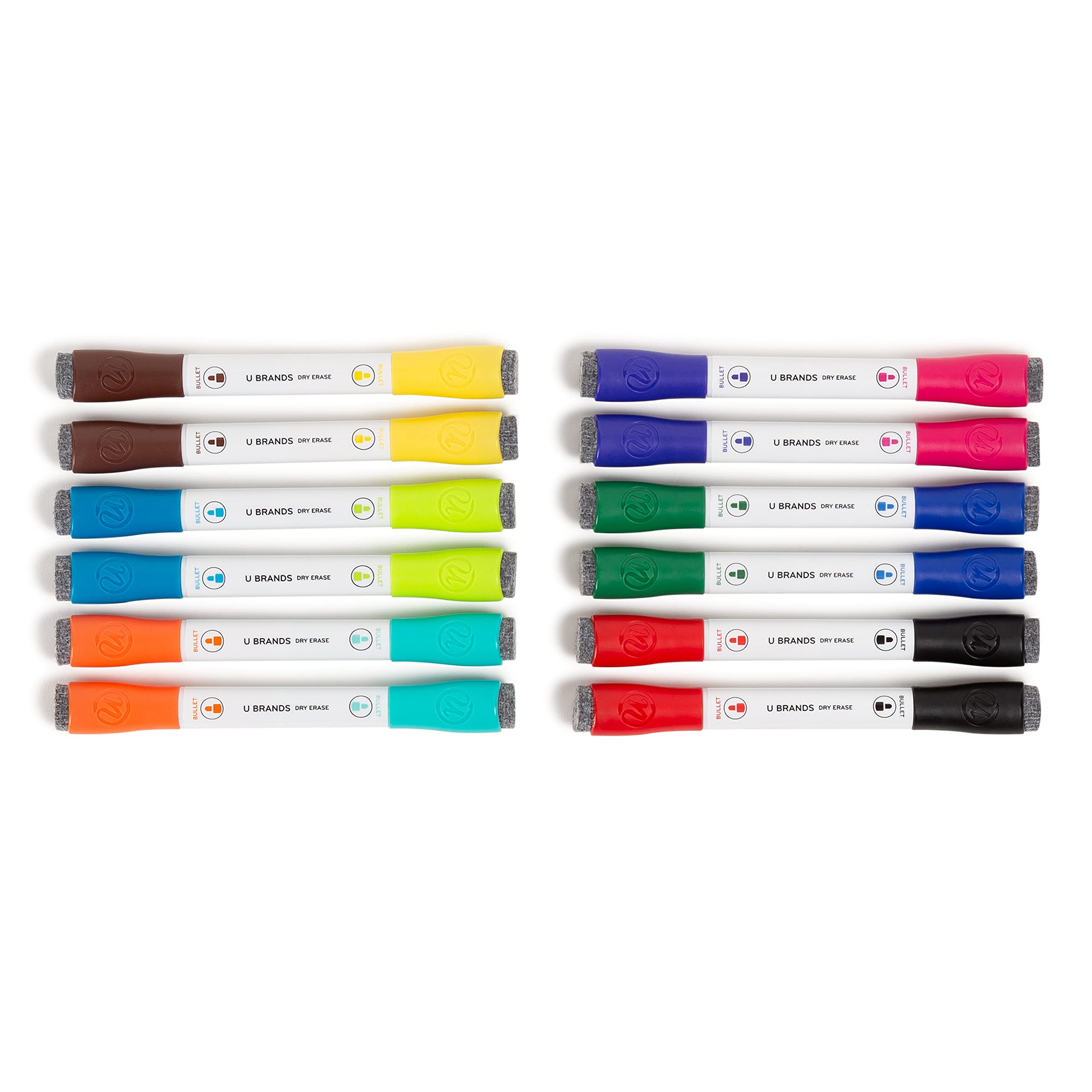 U Brands Magnetic Double-Ended Dry Erase Markers With Erasers, Set Of 12, Assorted Colors, Low-Odor, Bullet (3 Mm) Point