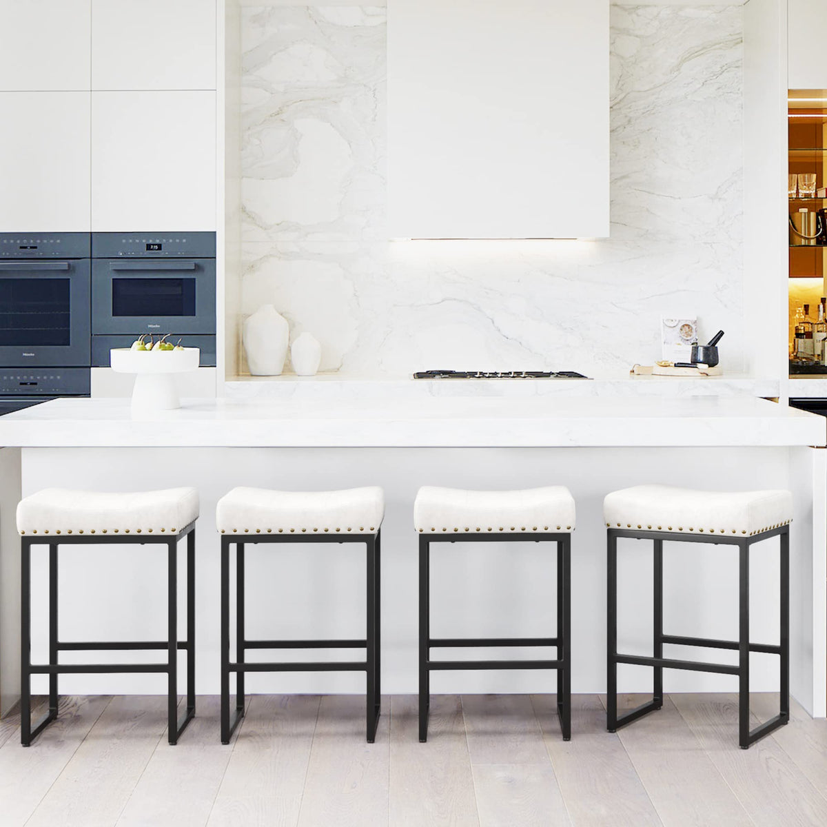 Lue Bona Counter Height Bar Stools 24' Square Saddle Barstools Set Of 4, Modern Backless Faux Leather Counter Stool With Black Metal Legs For Kitchen Island Counter,Home Bar,Bistro,White