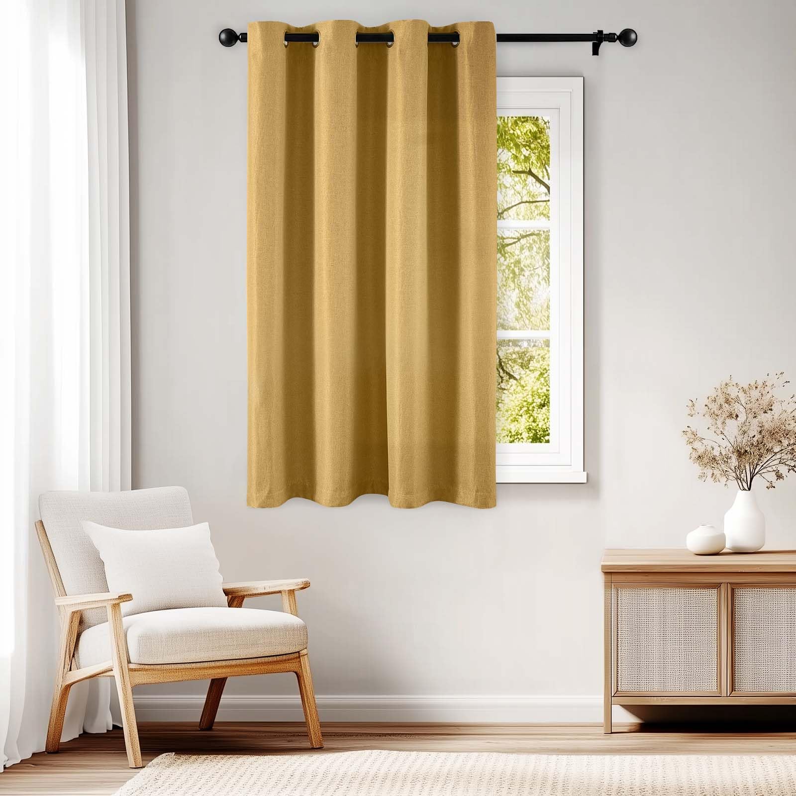 Jinchan Linen Textured Room Darkening Curtain 63 Inch Length For Living Room Room Darkening Thermal Insulated Grommet Top Window Drape For Bedroom 52X63 Mustard Yellow 1 Panel