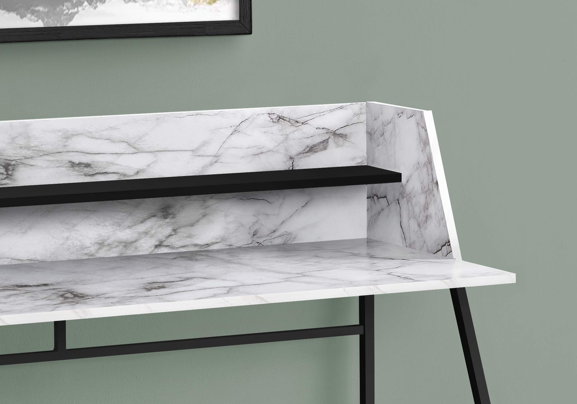 Monarch Specialties I 7549 Computer Desk, Home Office, Laptop, Storage Shelves, 48&quot; L, Work, Metal, Laminate, White Marble Look, Black, Contemporary, Modern
