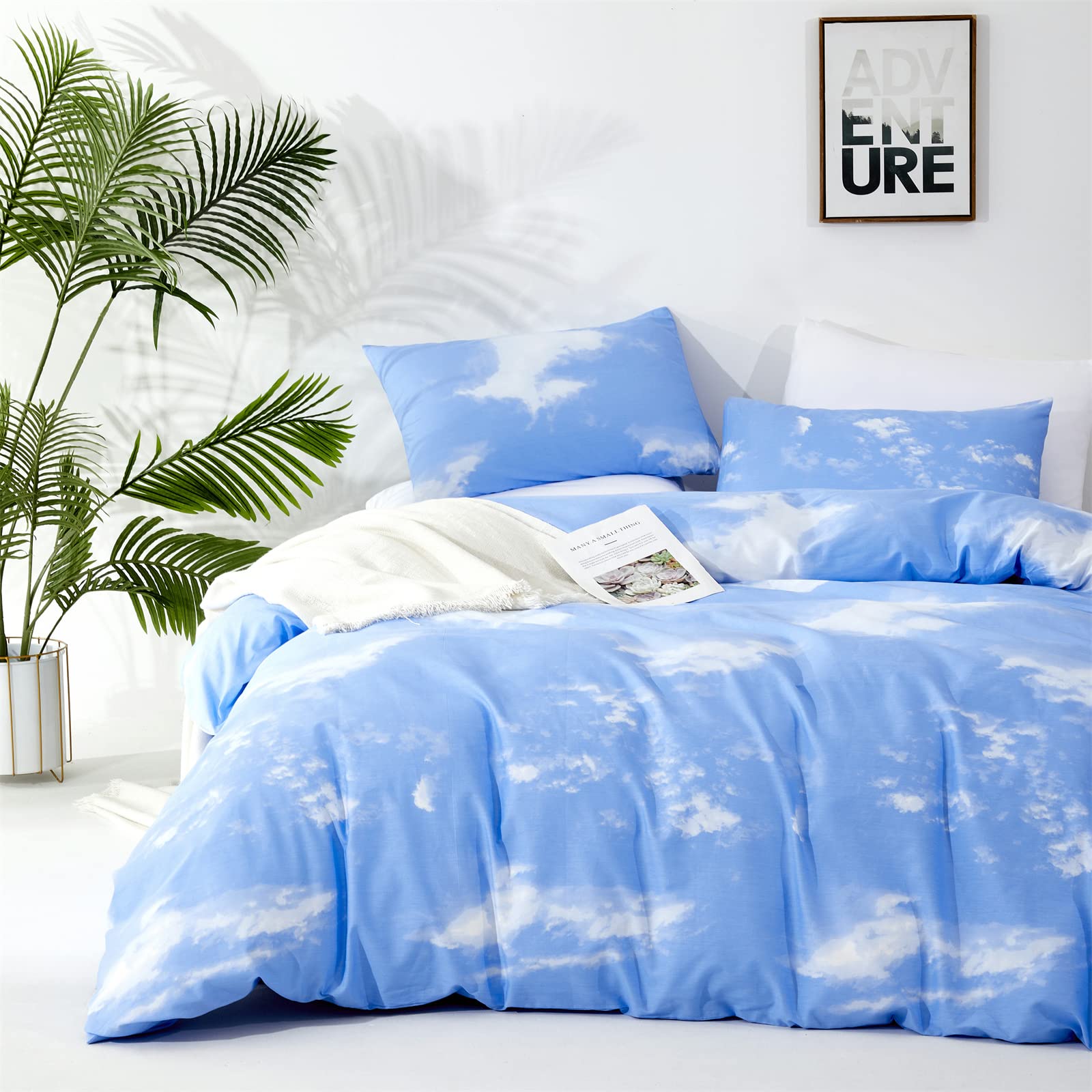 Clothknow Blue Cloud Queen Comforter Set 3Pcs Blue White Bedding Comforter Sets Blue Queen Comforter Soft Light Blue Cloud Queen Size Comforter Sets