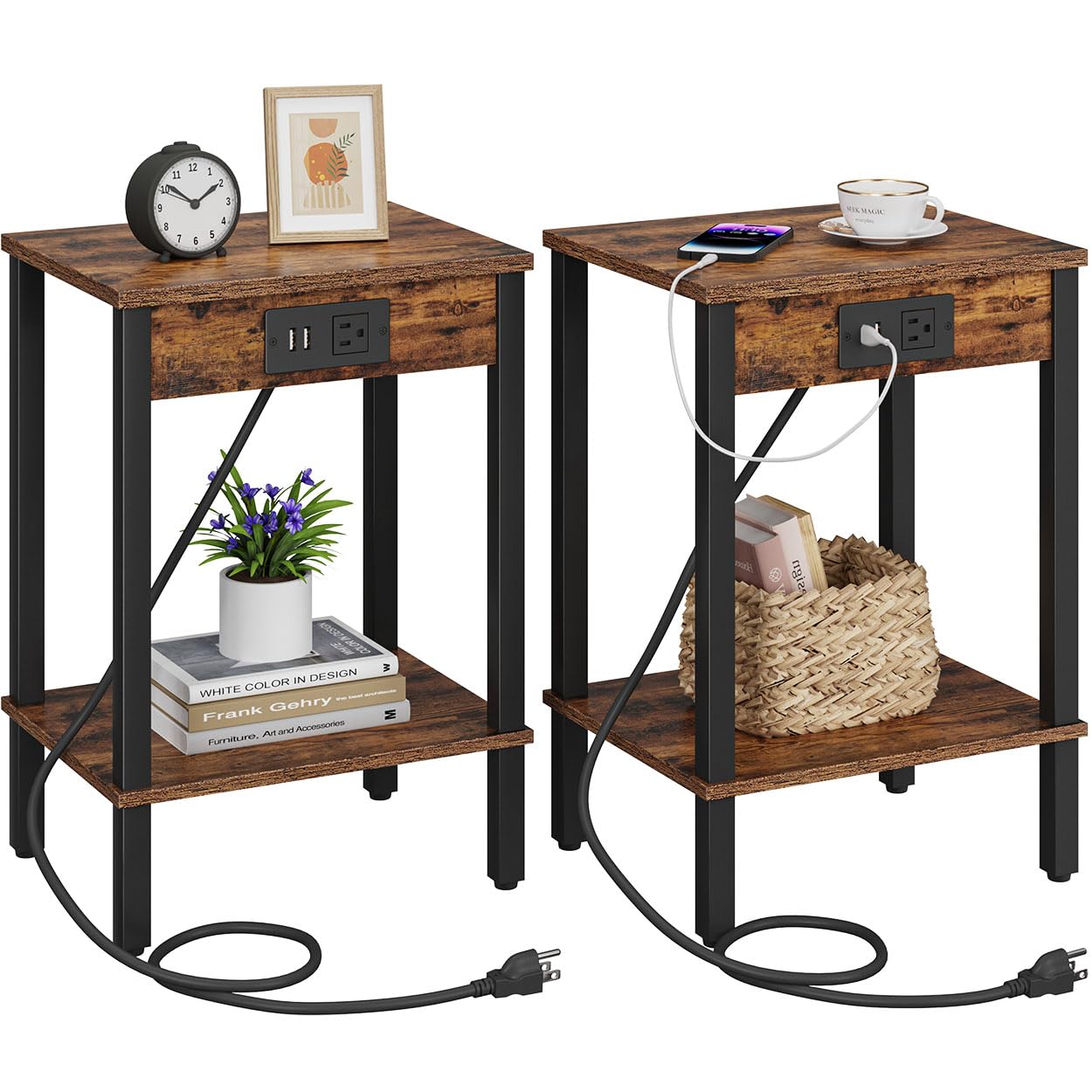 VIMBER Set of 2 End Table with Charging Station, Narrow Side Table with USB Ports and Outlets, Nightstands with 2-Tier Storage S