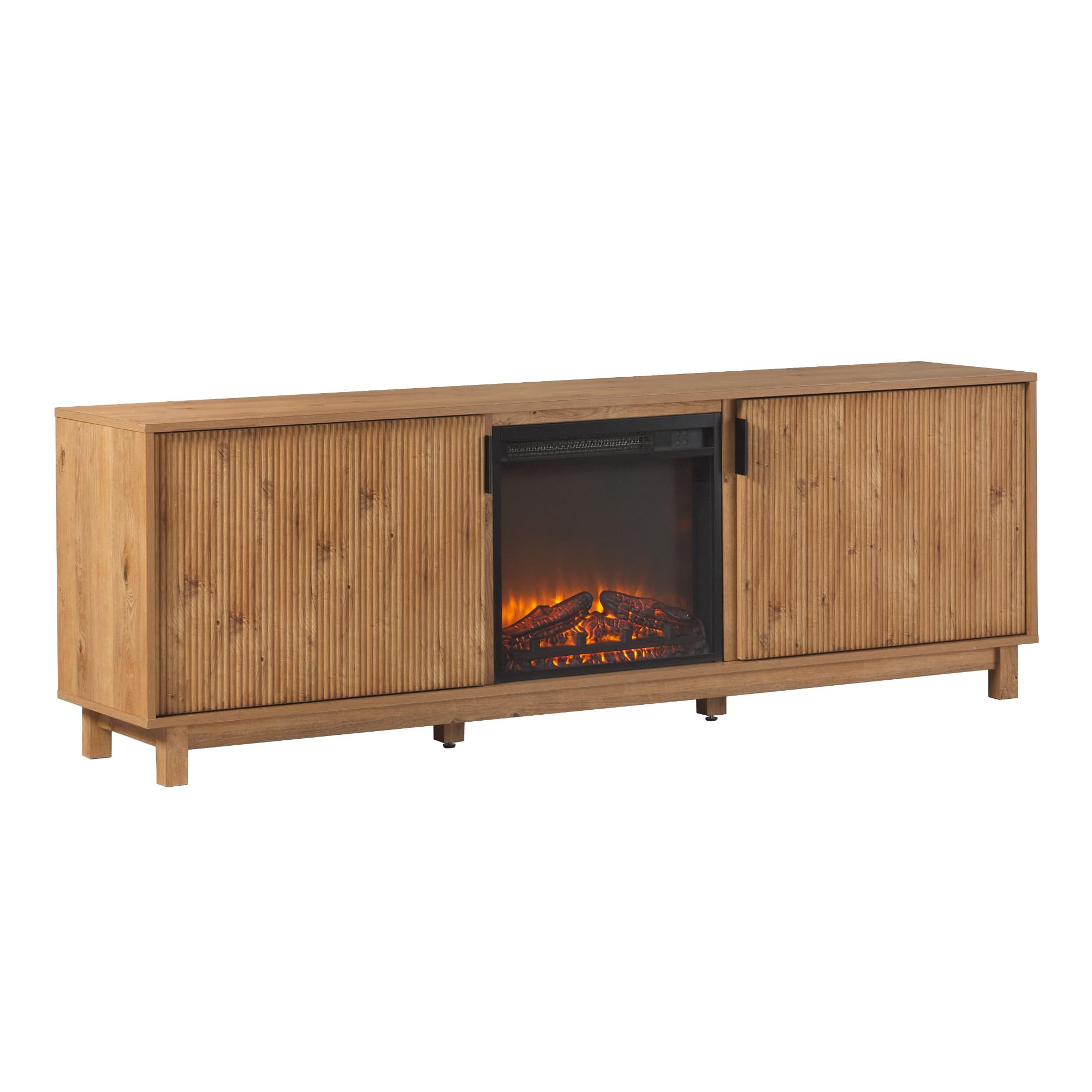 Walker Edison 70 Modern Reeded TV Stand with Freestanding Electric Fireplace, Cabinet Storage for Media and Games, Ambient Flame