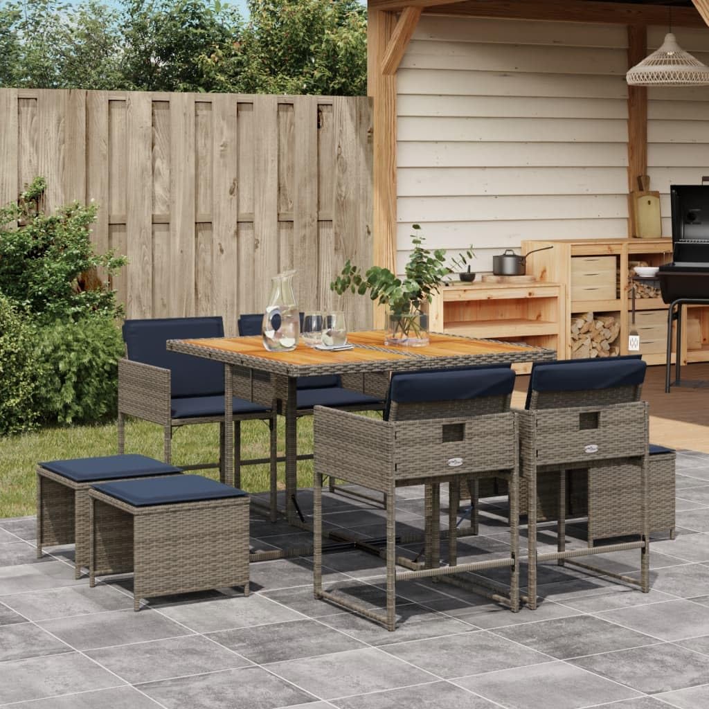 vidaXL 9 Piece Patio Dining Set - Gray Poly Rattan, Acacia Wood Table, Navy Cushions, Space-Saving Design - Outdoor Furniture for Garden, Backyard, Patio - Seats 8