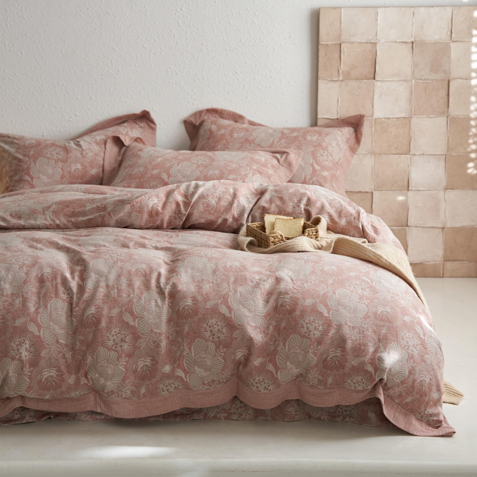 Vm Vougemarket Blush Pink Flower Duvet Cover Set Queen,3 Pieces Retro Jacquard Pink Floral Bedding Set,Linen Cotton Yarn-Dyed Te