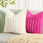 Decoruhome Faux Fur Spring Throw Pillow Covers 16X16 Set Of 2, Decorative Soft Plush Striped Couch Pillow Covers With Velvet Back For Sofa, Bed, Living Room, Sage Green