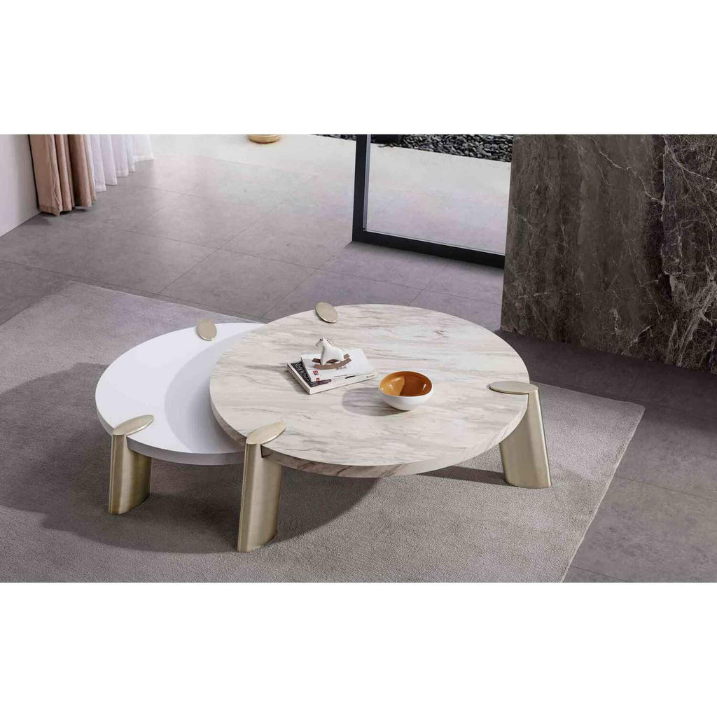 Whiteline Modern Living Mimeo Round Coffee Table Matte Top and Brushed Stainless Steel Legs, Small, High Gloss White