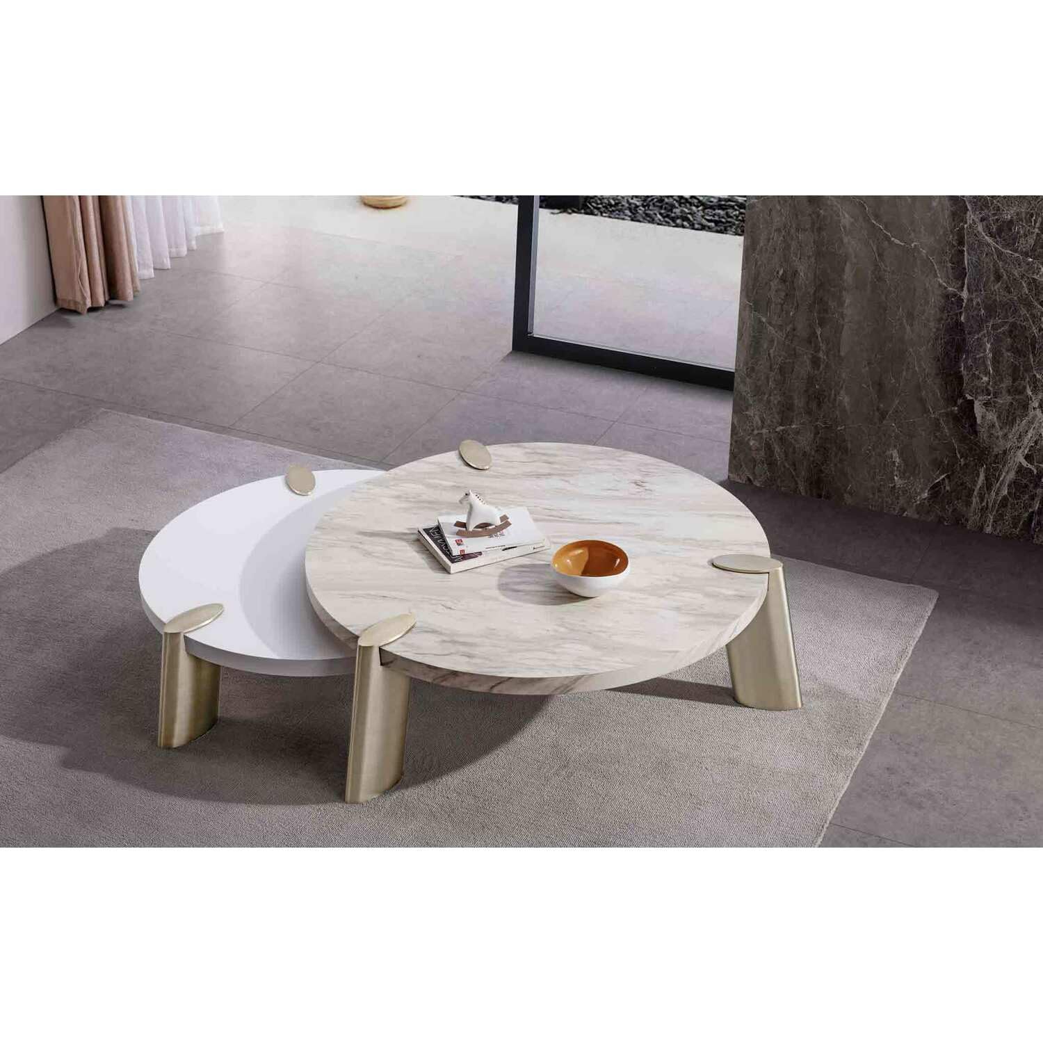 Whiteline Modern Living Mimeo Round Coffee Table Matte Top and Brushed Stainless Steel Legs, Small, High Gloss White