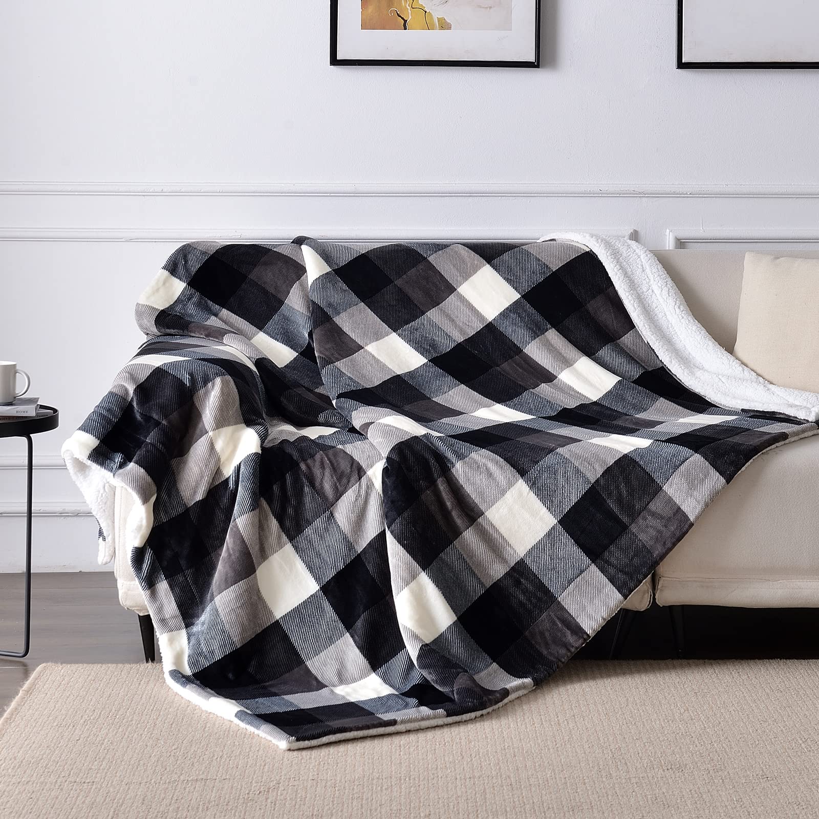 Sochow Buffalo Plaid Sherpa Fleece Throw Blanket, Double-Sided Checkered Super Soft Luxurious Bedding Blanket 50 X 60 Inches, Bl