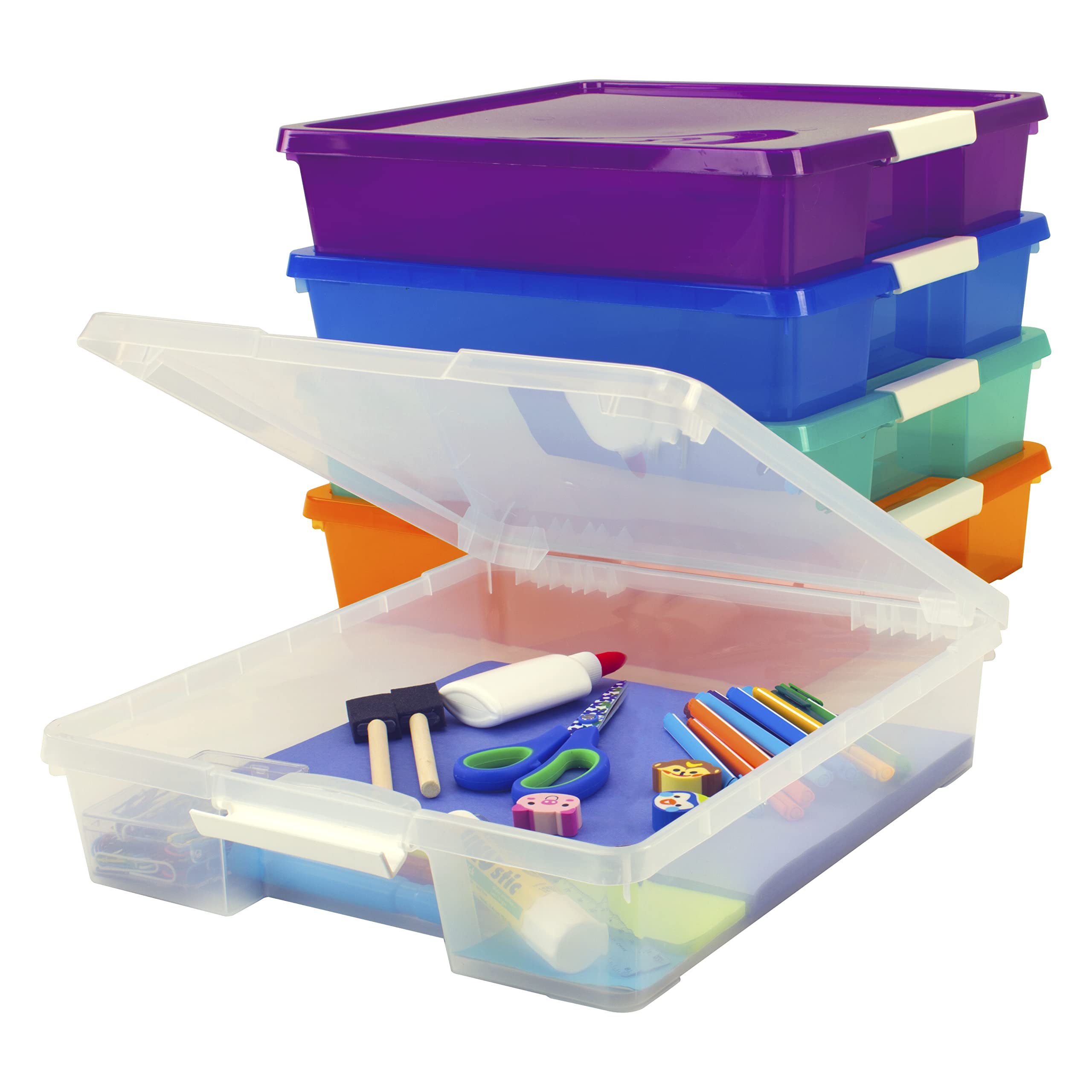 Storex Classroom Craft Project Box - Stacking Plastic Organizer Fits 12X12 Scrapbooking Paper, Assorted Steam Colors, 5-Pack (63