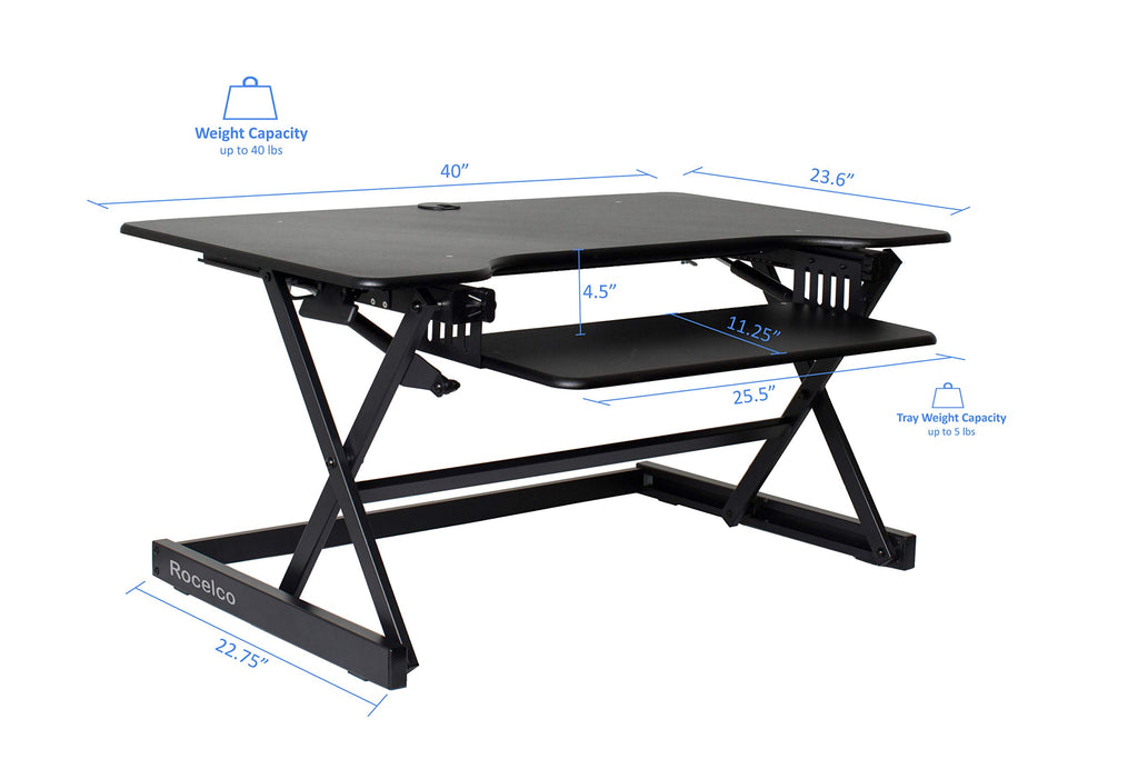 Rocelco 40" Large Height Adjustable Standing Desk Converter with Dual Monitor Stand BUNDLE - Quick Sit Stand Up Computer Workstation Riser - Retractable Keyboard Tray - Black (R DADRB-40-DMS)