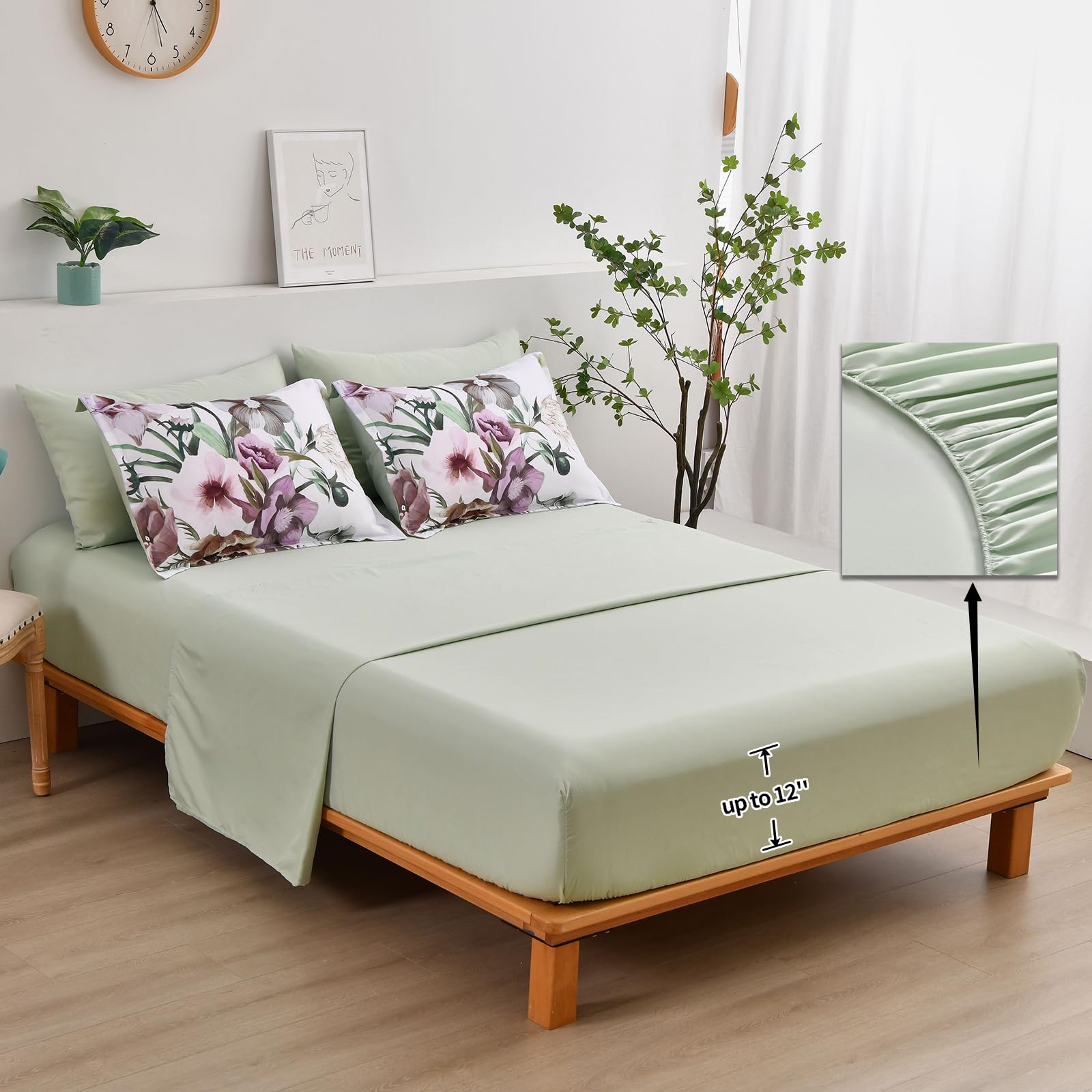 Luxudecor Floral Comforter Set Full Size 7 Piece, Green Flower Bed In A Bag, Elegant Floral Comforter With Sheet Set, Soft Micro