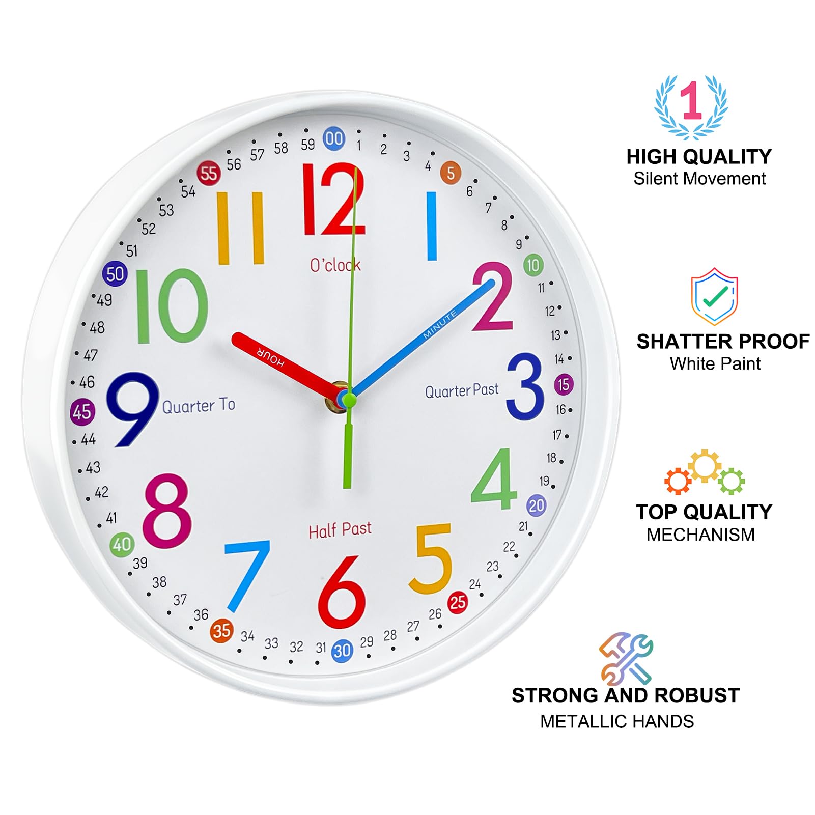 Airuifu Learning Clock For Kids-Silent Analog Clock For Bedrooms-Kids Room Decor-12 Inches Colorful Wall Clock Helps Kids Easier