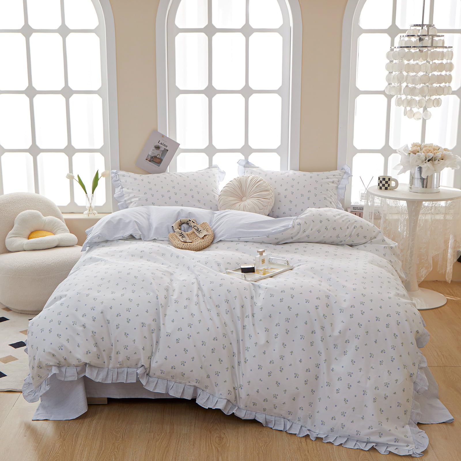 Vm Vougemarket Blue Flower Duvet Cover Set Queen,3 Pieces Romantic Ruffle Duvet Cover With 2 Lace Pillow Shams,100% Cotton Princ