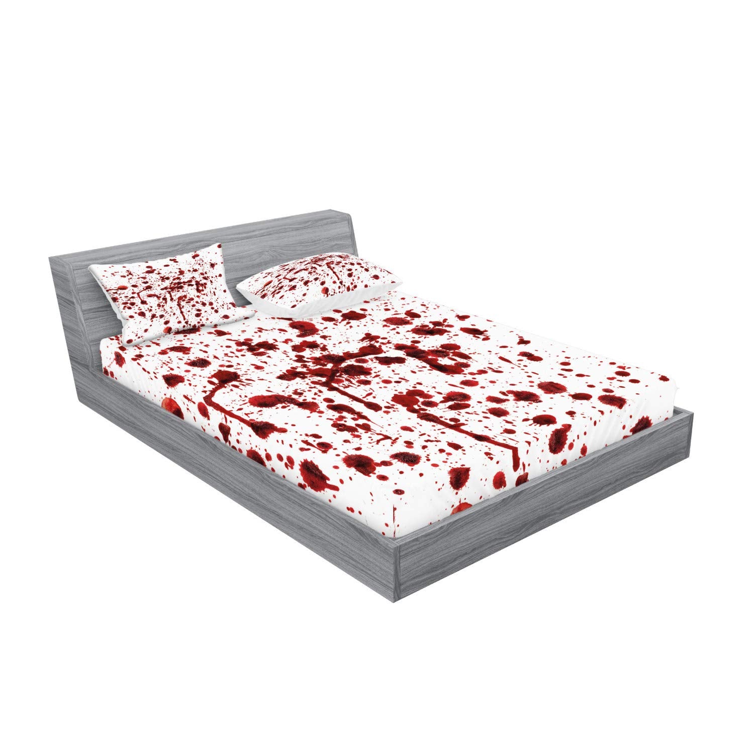 Ambesonne Horror Fitted Sheet & Pillow Sham Set, Splashes Of Blood Grunge Style Bloodstain Horror Scary Zombie Halloween Themed