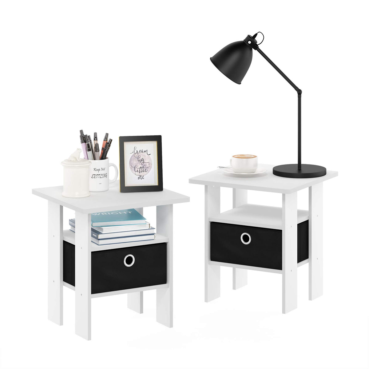 Furinno Andrey Set of 2 End Side Night Stand/Bedside Table with Bin Drawer, 2-Pack, White/Black