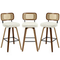 Bekrvio Swivel Bar Stools Set Of 3, Upholstered Faux Leather Barstools With Rattan Back, 29' Seat Height Bar Chairs For Kitchen Island, Bentwood Wood Frame, Cream White