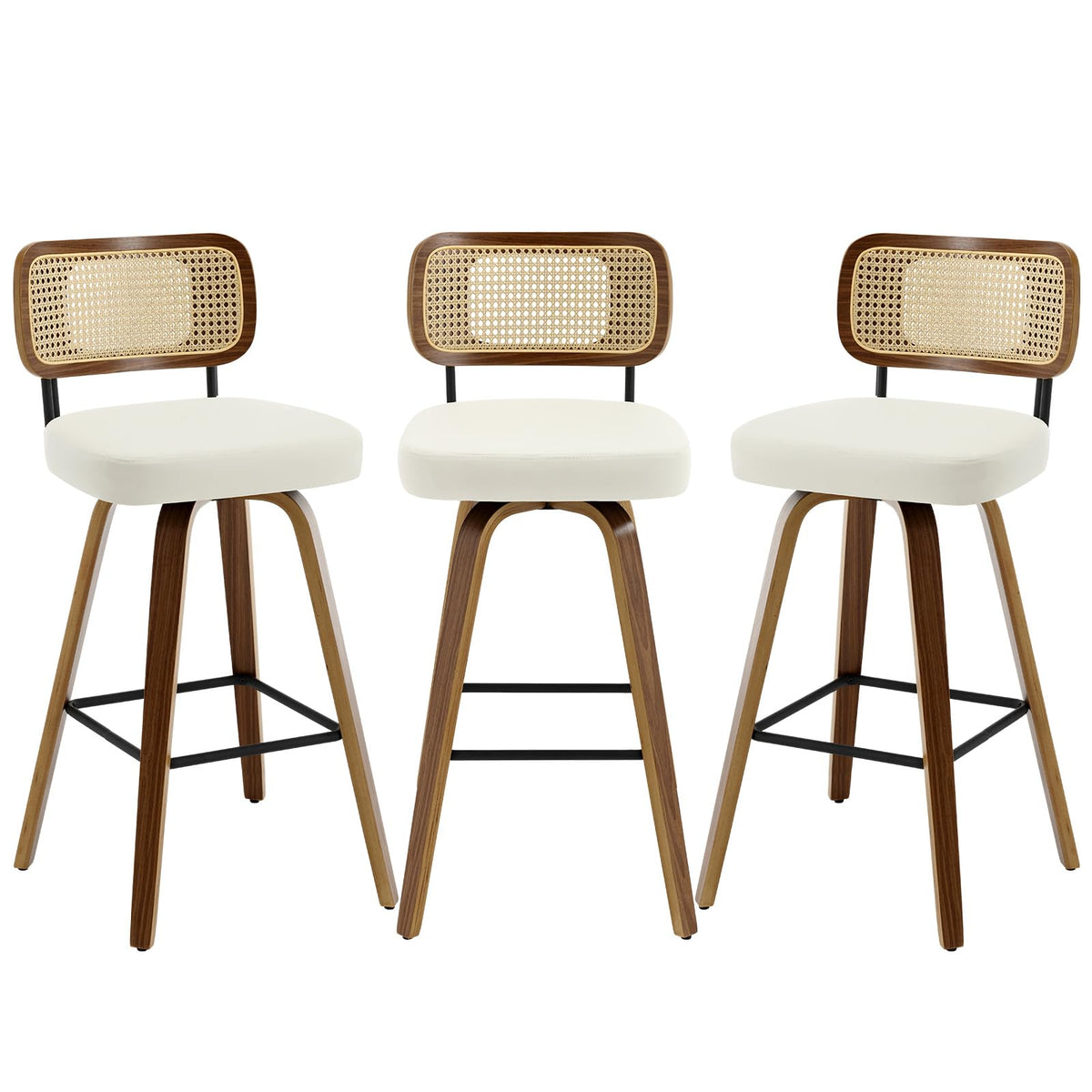 Bekrvio Swivel Bar Stools Set Of 3, Upholstered Faux Leather Barstools With Rattan Back, 29' Seat Height Bar Chairs For Kitchen Island, Bentwood Wood Frame, Cream White