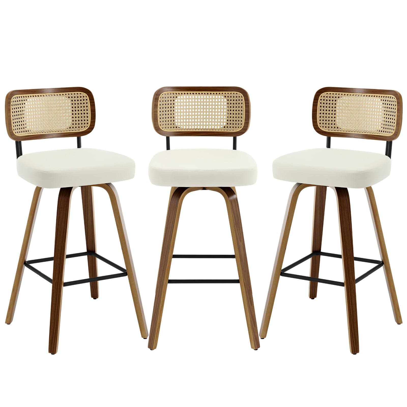Bekrvio Swivel Bar Stools Set Of 3, Upholstered Faux Leather Barstools With Rattan Back, 29' Seat Height Bar Chairs For Kitchen Island, Bentwood Wood Frame, Cream White