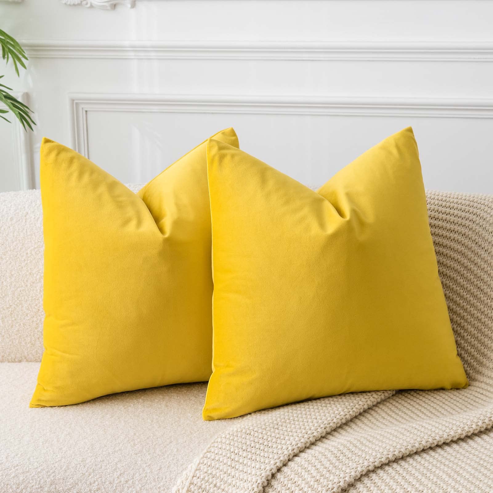 Juspurbet Yellow Velvet Throw Pillow Covers 20X20 Inch Set Of 2 For Living Room Couch Sofa Bedroom Decorative Square Solid Soft