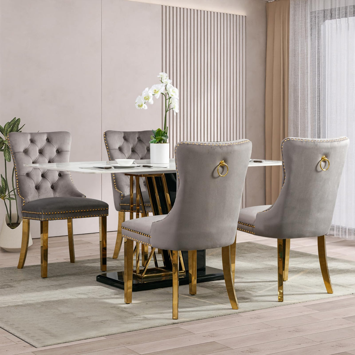 Vicbarley Velvet Dining Chair Set Of 4 Upholstered Tufted Dining Room Chair With Nailhead Trim And Stainless Steel Gold Plated L