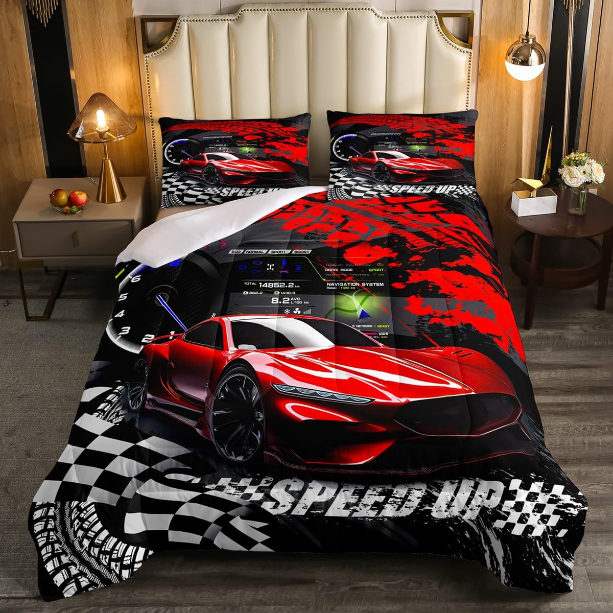 Feelyou Kids Boys Girls Red Race Car Comforter Set Full Size, Sports Car Comforter Comforter Set For Teens Race Car Bedding Set Racing Car Duvet Set Bed Set Room Decor Bedding Collection