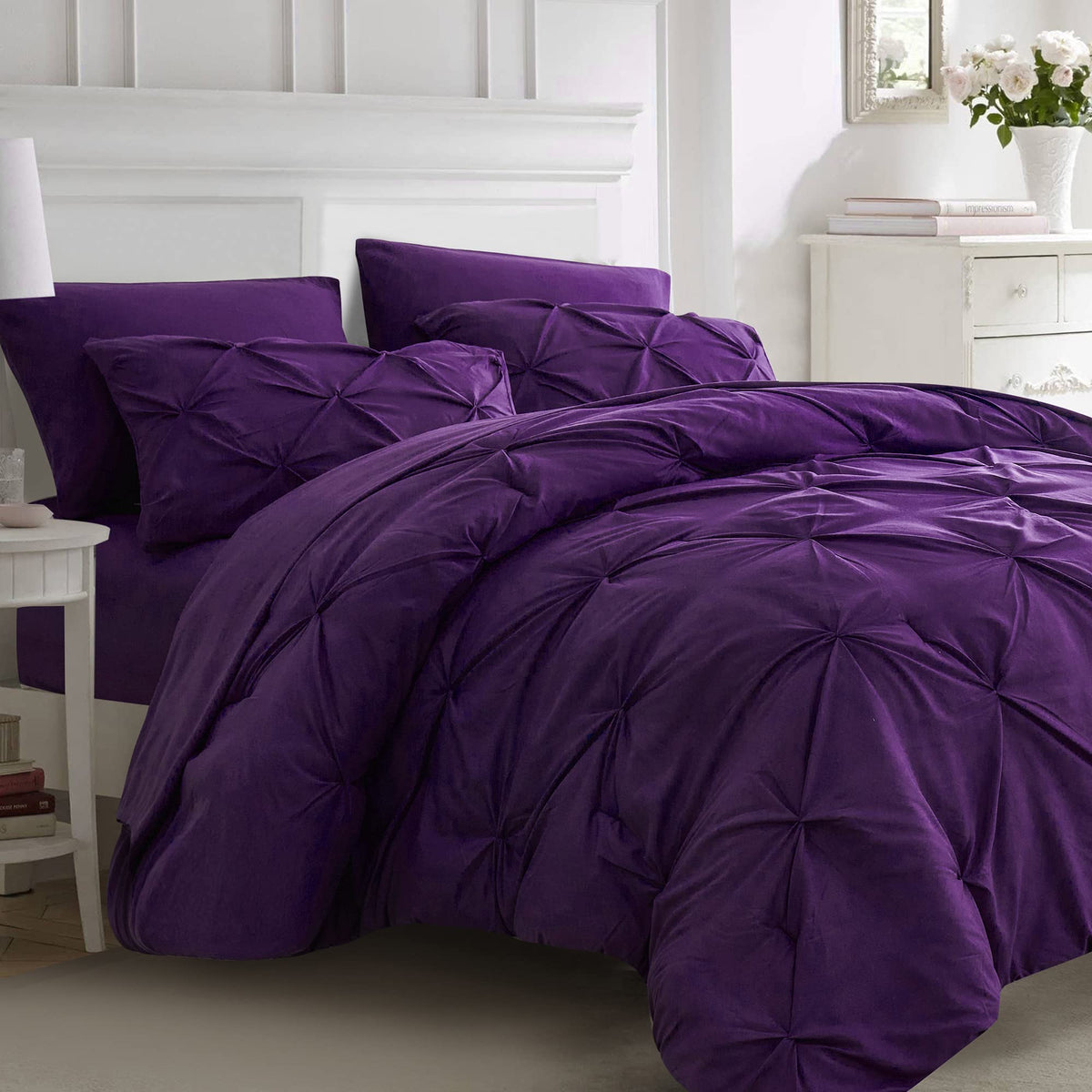 Ubauba 7Pc King Size Comforter Set With Sheets, All Season Pintuck 7 Piece Bedding Sets Purple, Pinch Pleating Bed In A Bag Set