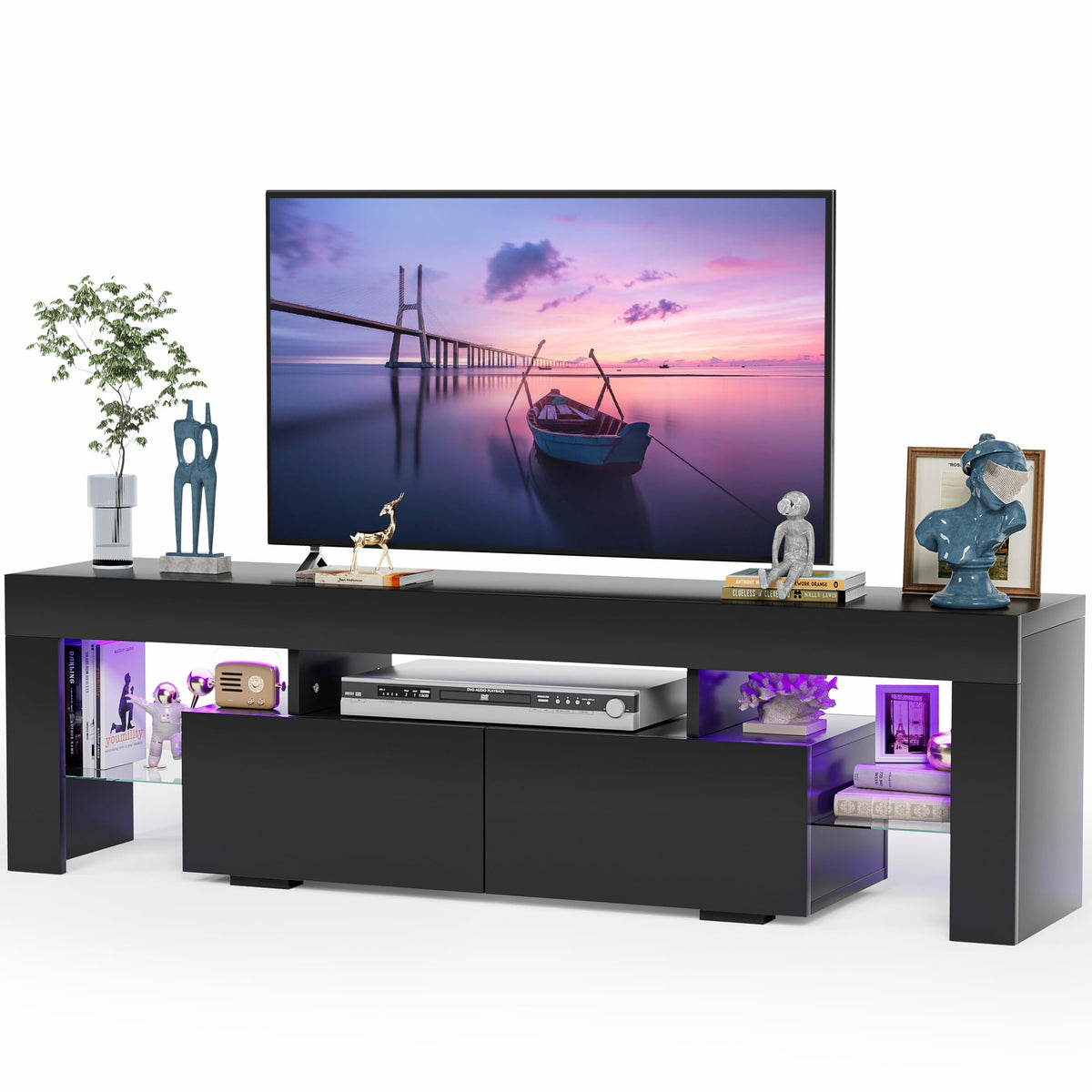 Jummico Tv Stand, Modern Lighting Tv Cabinet Entertainment Center Media And Open Shelf, Tv Console Table With 1 Drawer And Remote Control, 20 Color Led Lights Up To 70 Inch Tv (Black)