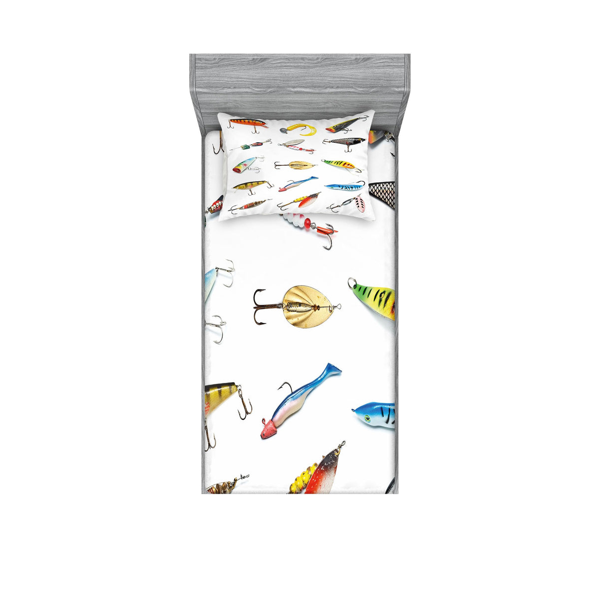 Ambesonne Fishing Fitted Sheet & Pillow Sham Set For Bedroom Several Fish Decor Hook Equipment Objects Trolling Angling Netting