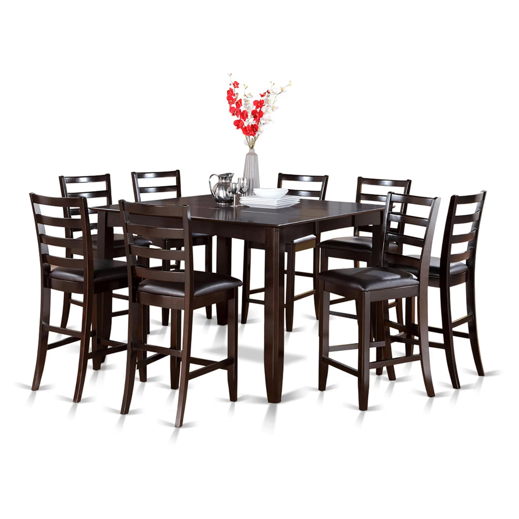 East West Furniture FAIR9-CAP-LC 9 Piece Counter Height Dining Set Includes a Square Kitchen Table with Pedestal and 8 Faux Leather Dining Room Chairs, 54x54 Inch, Cappuccino