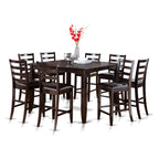 East West Furniture FAIR9-CAP-LC 9 Piece Counter Height Dining Set Includes a Square Kitchen Table with Pedestal and 8 Faux Leather Dining Room Chairs, 54x54 Inch, Cappuccino