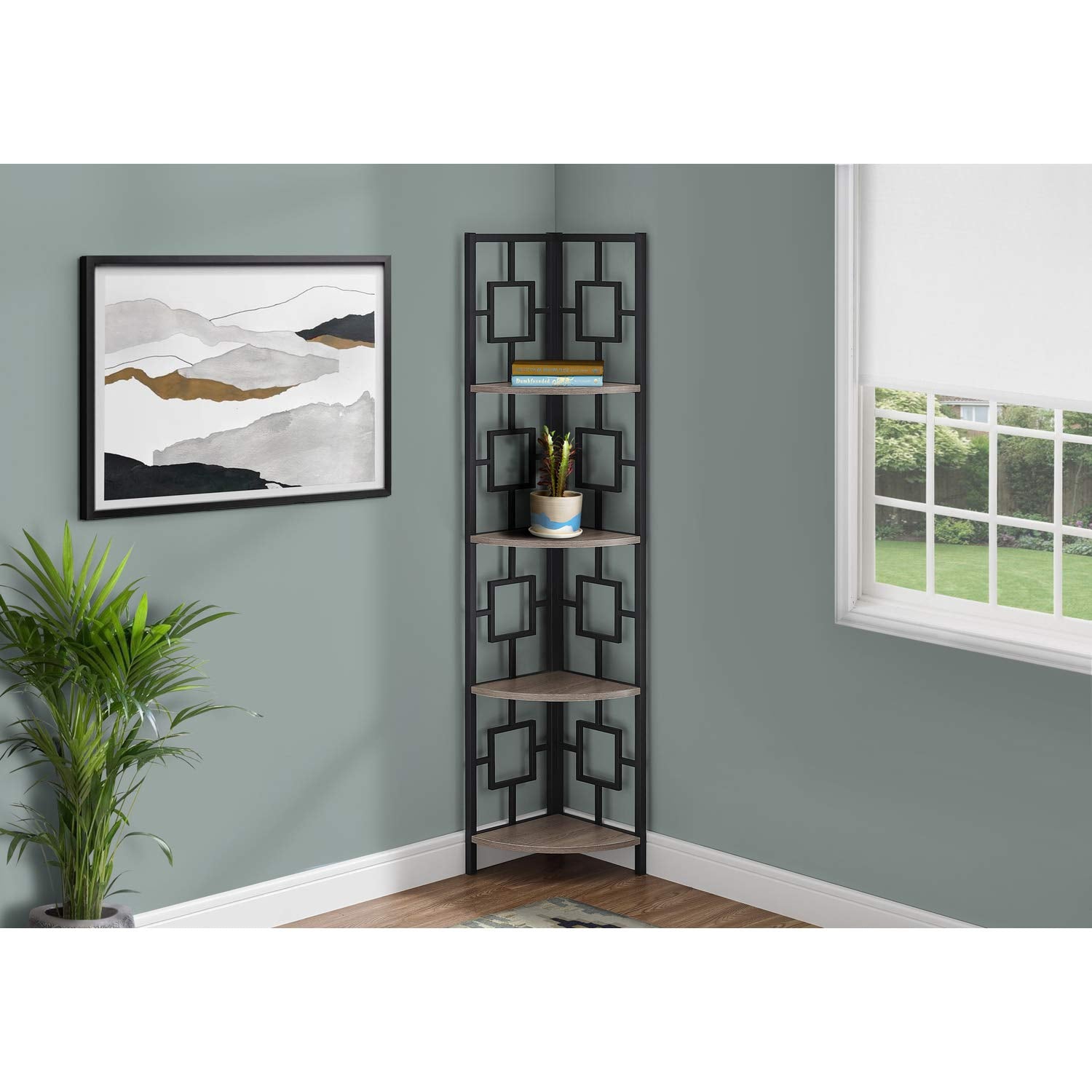 Monarch Specialties I 3621 Bookshelf, Bookcase, Etagere, Corner, 4 Tier, 62' H, Office, Bedroom, Metal, Laminate, Brown, Black, Transitional