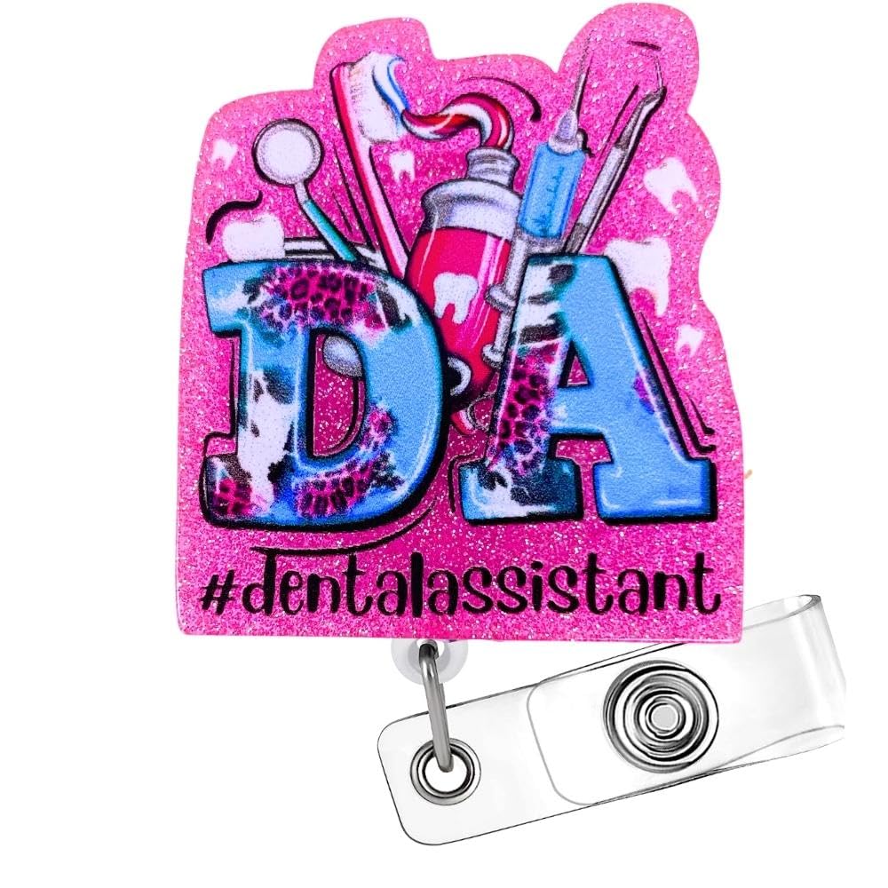 Dental Badge Reel, Da Dental Assistant Accessories Badge Holder Id Card Name Clip Retractable Lanyard | Funny Cute Glitter Tooth