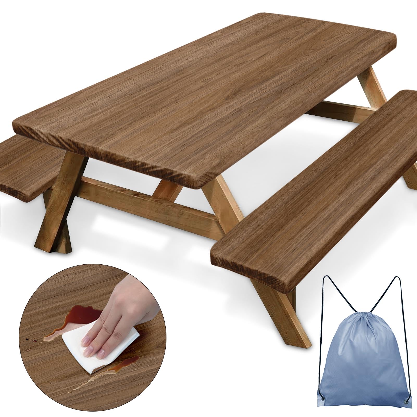Britown Picnic Table Cover With Bench Covers Elastic Edges, Wooden Brown Fitted Table Cover, Outdoor Patio Camping Essentials 72