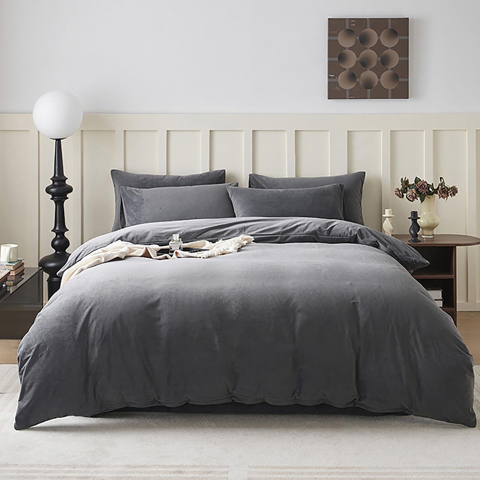 Cottonight Grey Velvet Comforter Set California King Plush Fluffy Gray Bedding Comforter Set Winter Warm Cozy Super Soft Heavywe