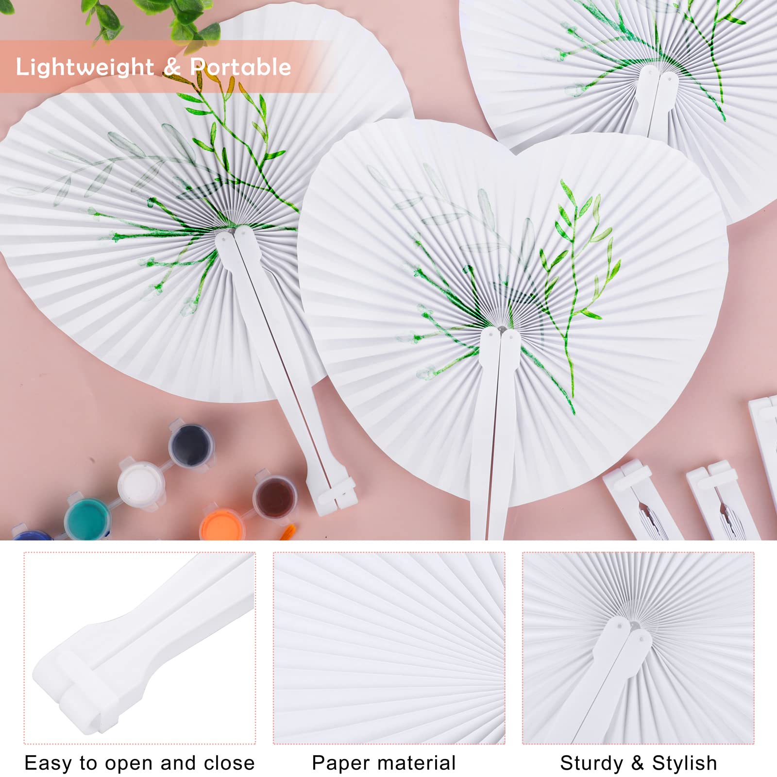 Aodaer 100 Pack Heart Shaped Folding Fans White Paper Fans Handheld Fans With Plastic Handles For Party, Wedding, Anniversary De