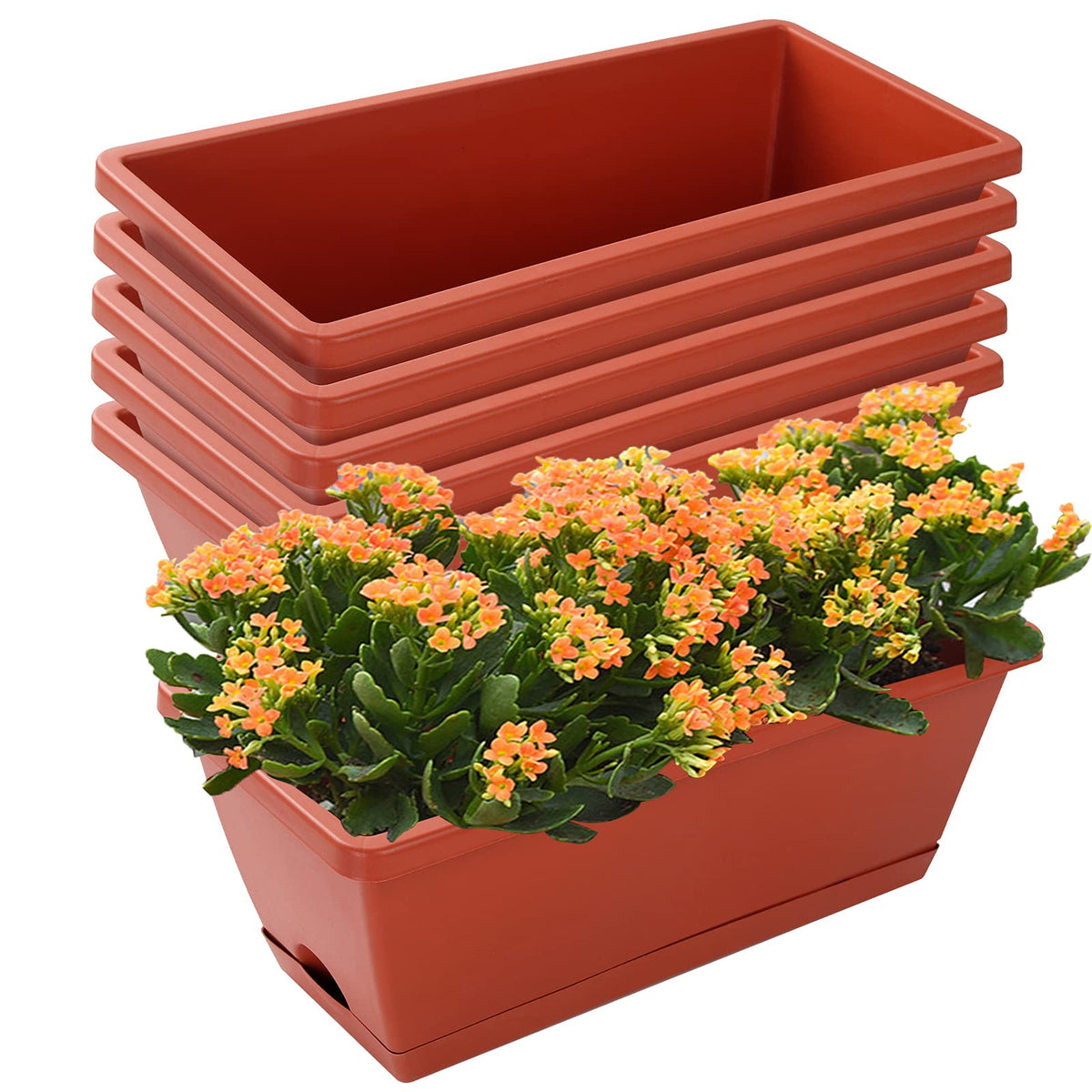 Chukemaoyi Window Box Planter, 7 Pack Plastic Vegetable Flower Planters Boxes 17 Inches Rectangular Flower Pots With Saucers For