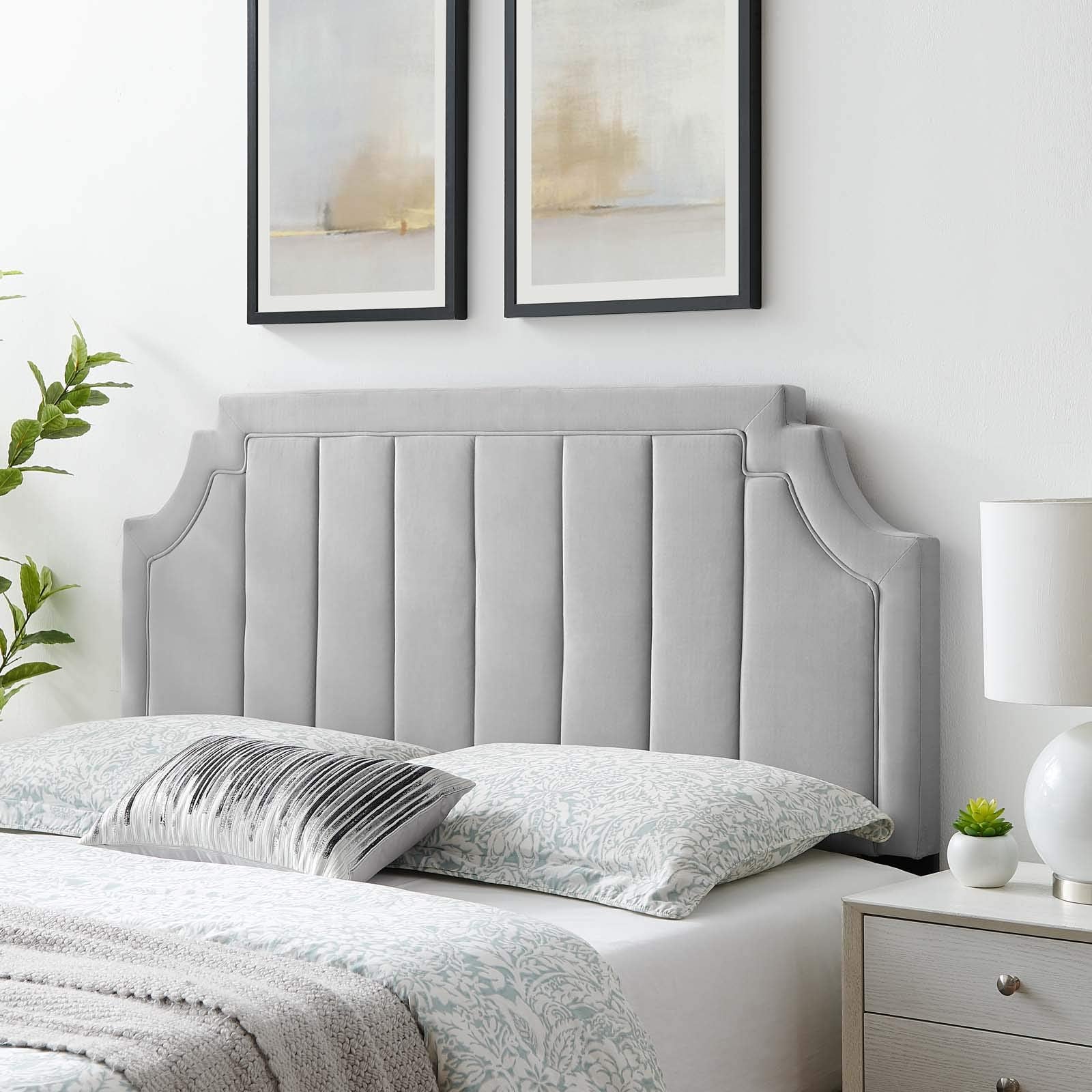 Modway Alyona Channel Tufted Performance Velvet Full/Queen Headboard in Light Gray