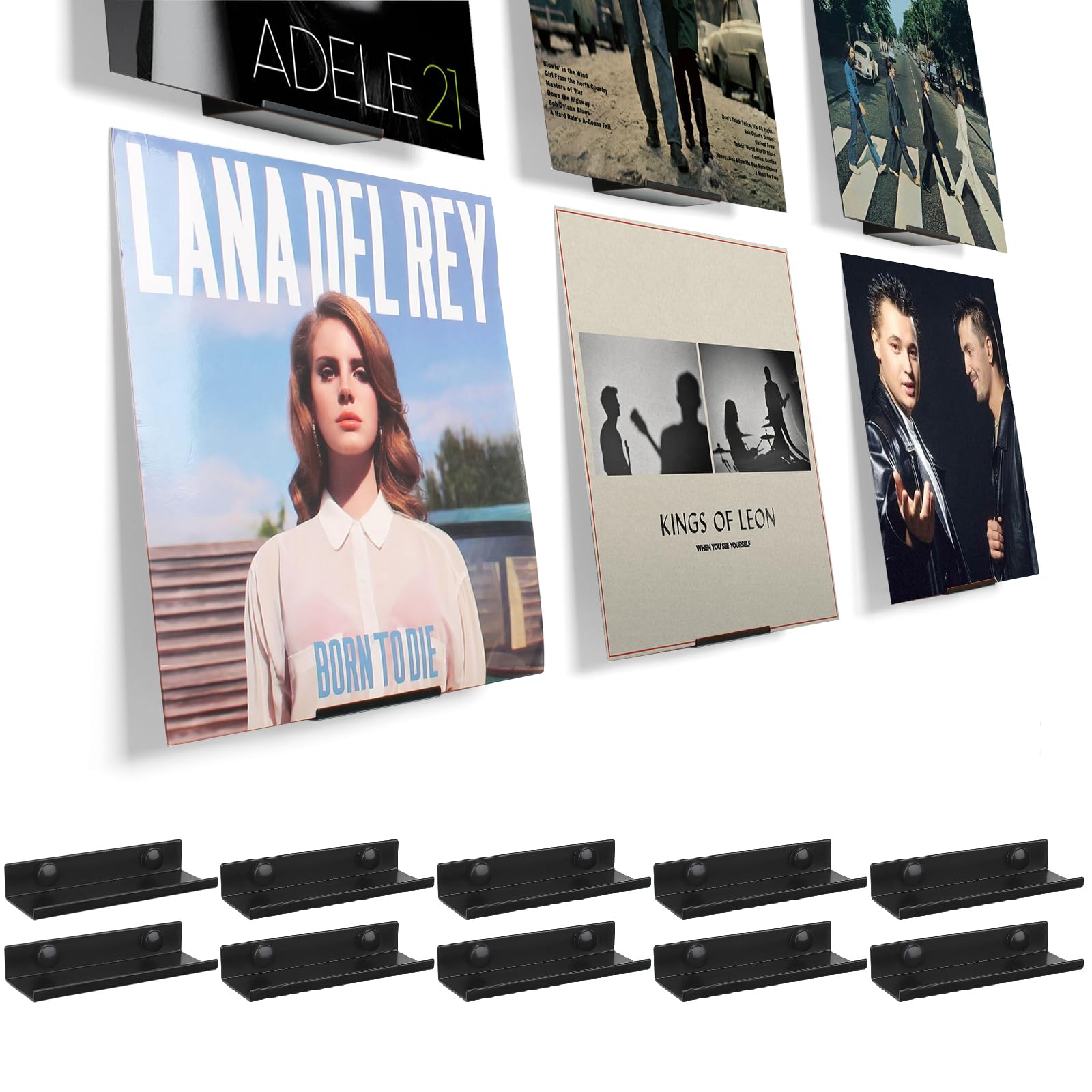 BiJun Vinyl Wall Mount 10 Pack, Black Metal Vinyl Holder Wall Display Shelf Record Wall Mount Stand for Albums LP Minimalist Vin